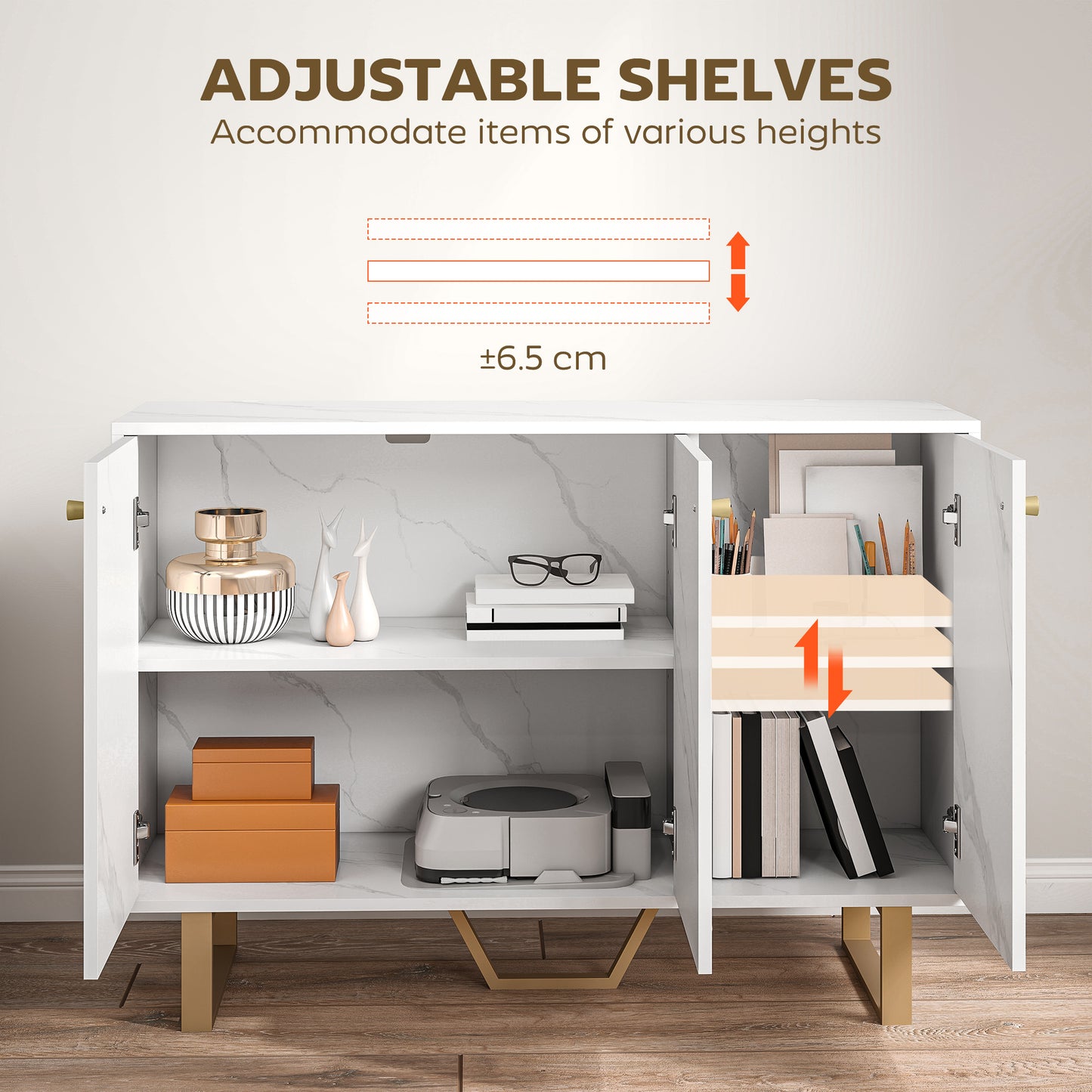 HOMCOM White Marble Tone Sideboard Cabinet With Adjustable Shelves And Metal Legs For Living Room Kitchen Dining Hallway