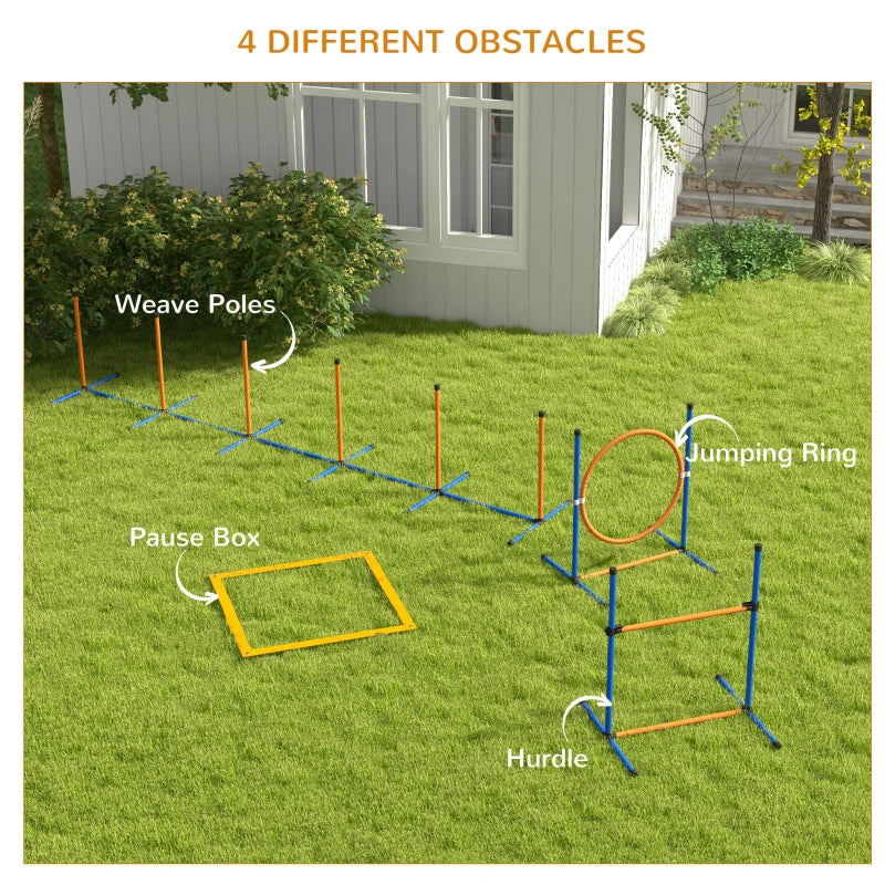 PawHut Dog Agility Equipment Set - 8 Pieces with Weave Poles, Jump Ring, Hurdle, Pause Box, Training Shorts, Bag - Orange - ALL4U RETAILER LTD