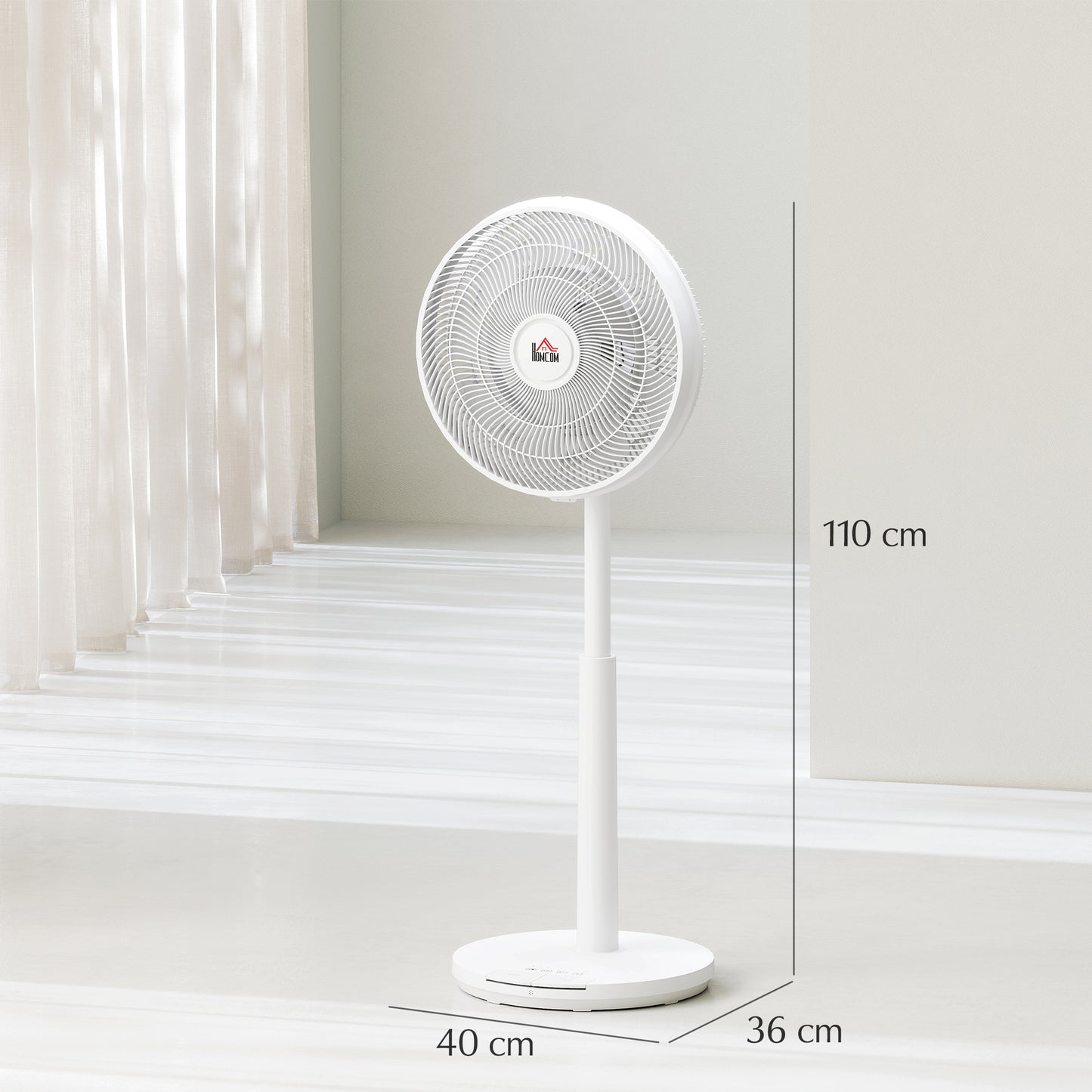 HOMCOM Pedestal Fan With Oscillation And Tilt Adjustable Height DC Motor Remote 12 Speeds Sleep Mode White