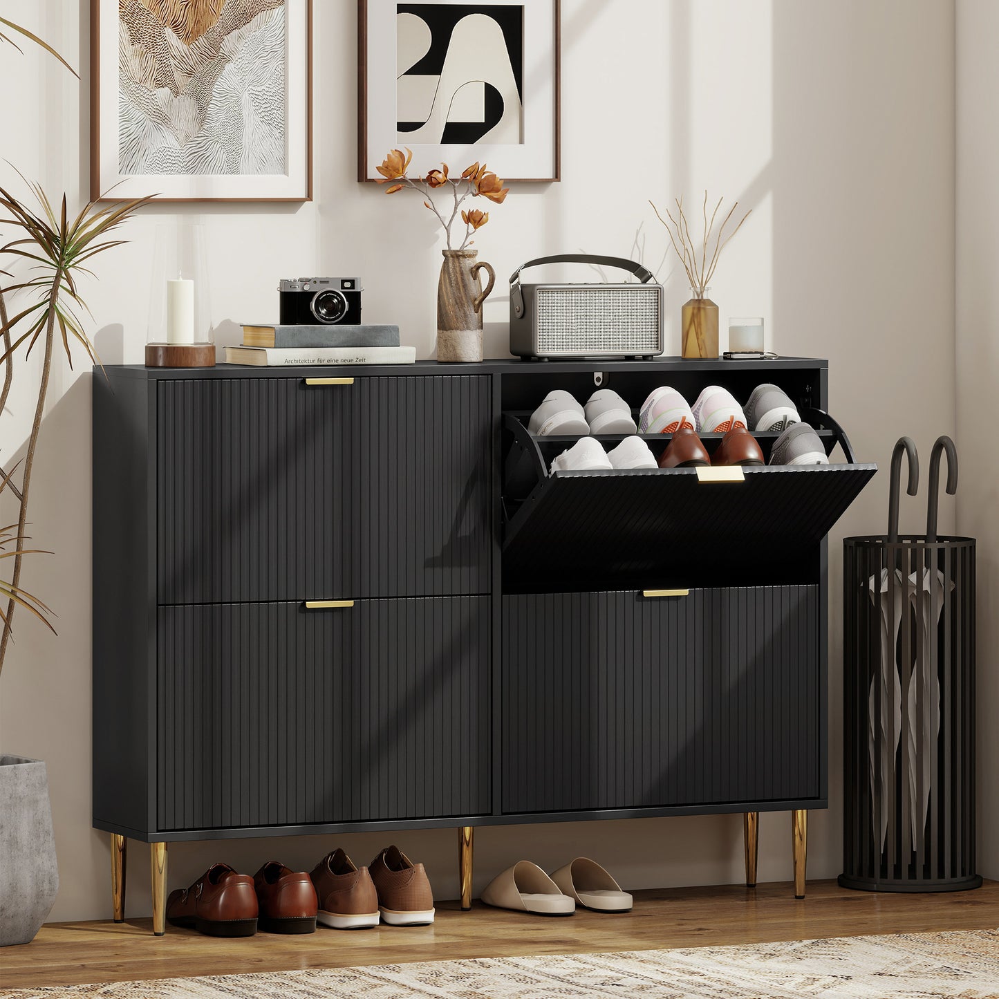 HOMCOM Elegant Four-Drawer White Shoe Cabinet With Adjustable Shelves Holds 10-20 Pairs And Gold-Colored Details