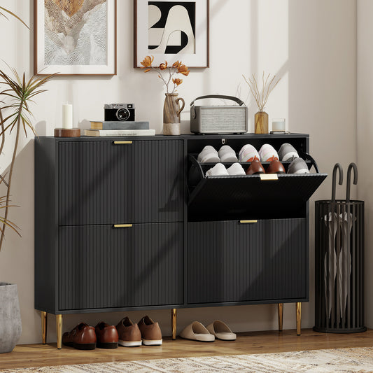 HOMCOM Elegant Four-Drawer White Shoe Cabinet With Adjustable Shelves Holds 10-20 Pairs And Gold-Colored Details