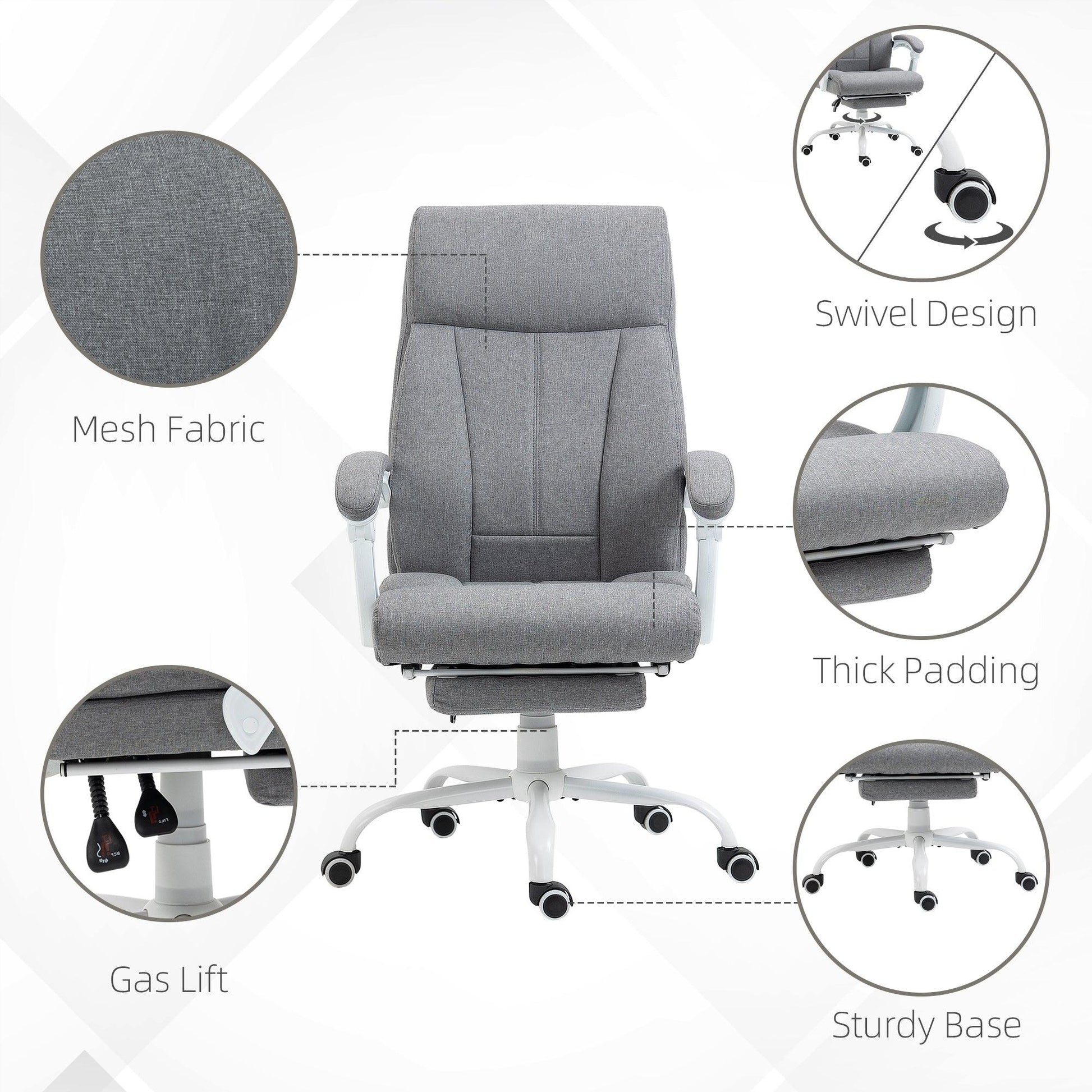 Vinsetto Grey Fabric Reclining Desk Chair with Foot Rest - ALL4U RETAILER LTD