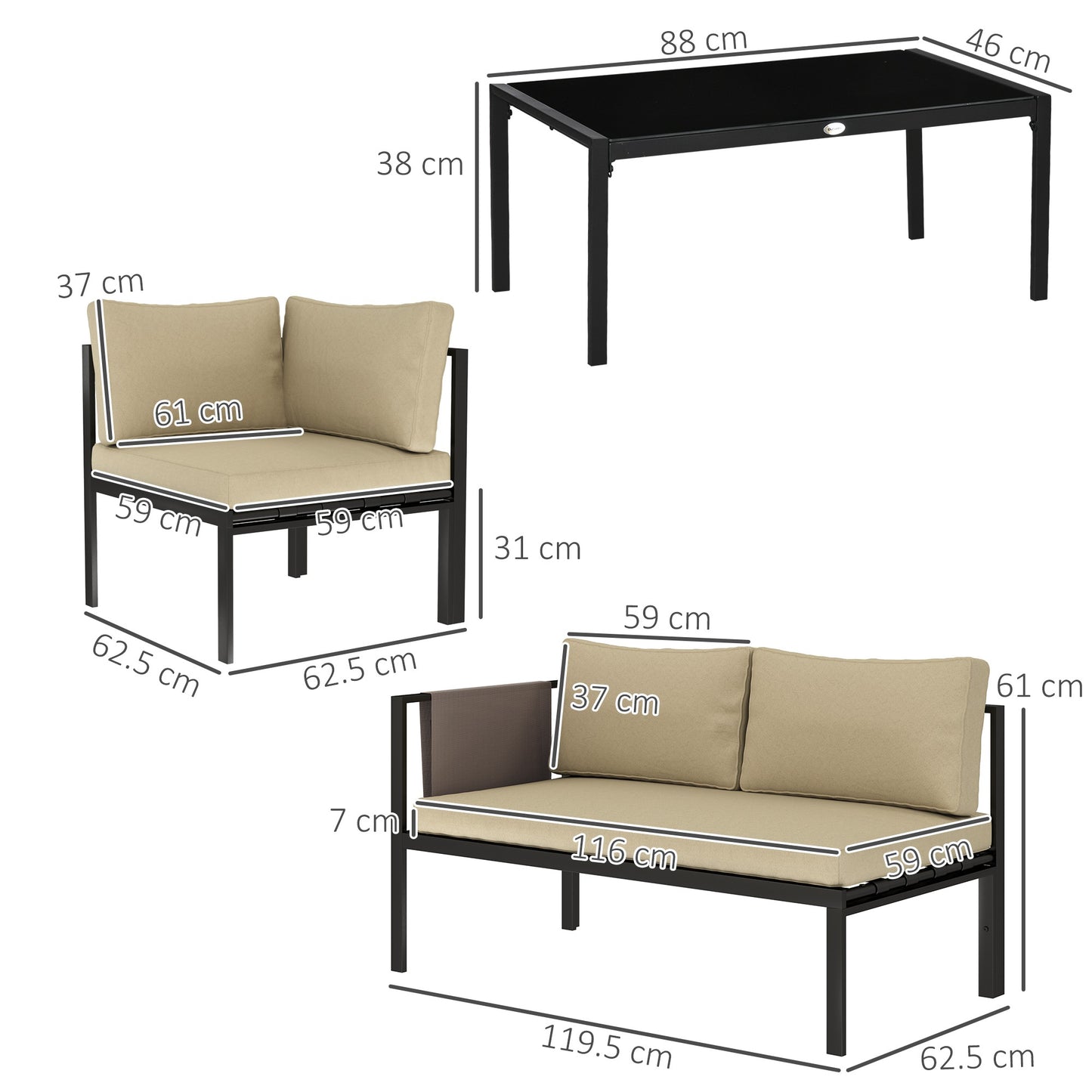Outsunny 5 Seater Garden Corner Sofa Set 4 Pieces Outdoor Metal Furniture With Glass Top Table Cushions Khaki