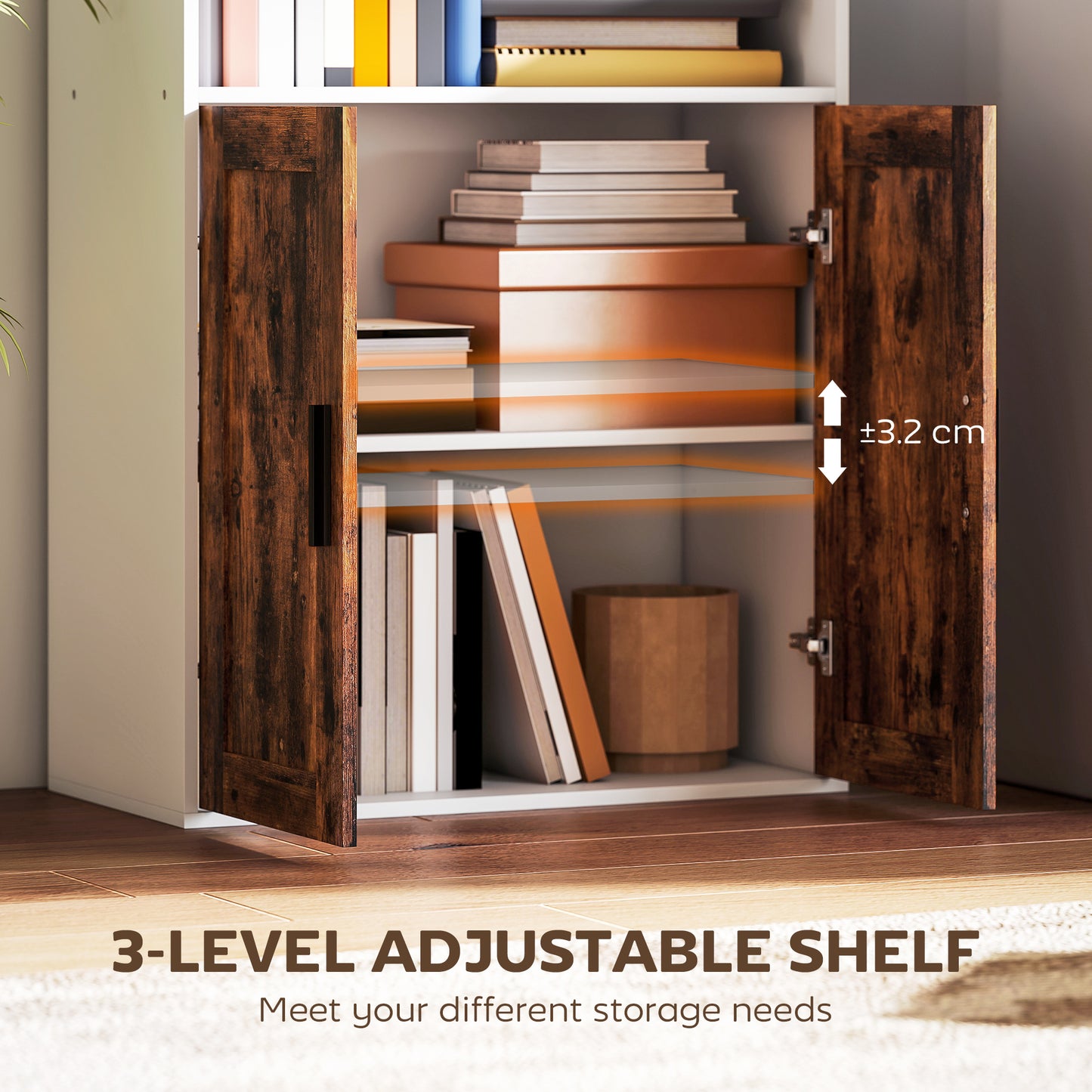 HOMCOM 5 Tier Bookcase With Adjustable Shelves Rustic Brown Open Shelving And Enclosed Storage Anti Tip Kit