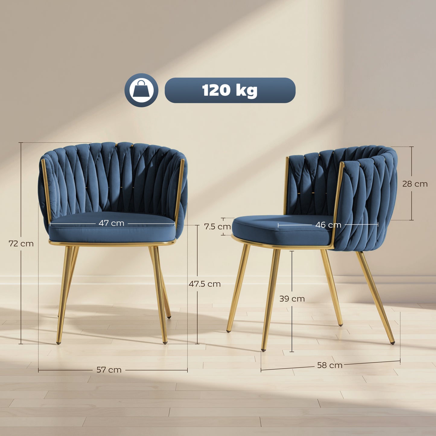 HOMCOM Velvet-Feel Dining Chairs Set of 2 with Knot Back and Gold Legs, Dark Blue