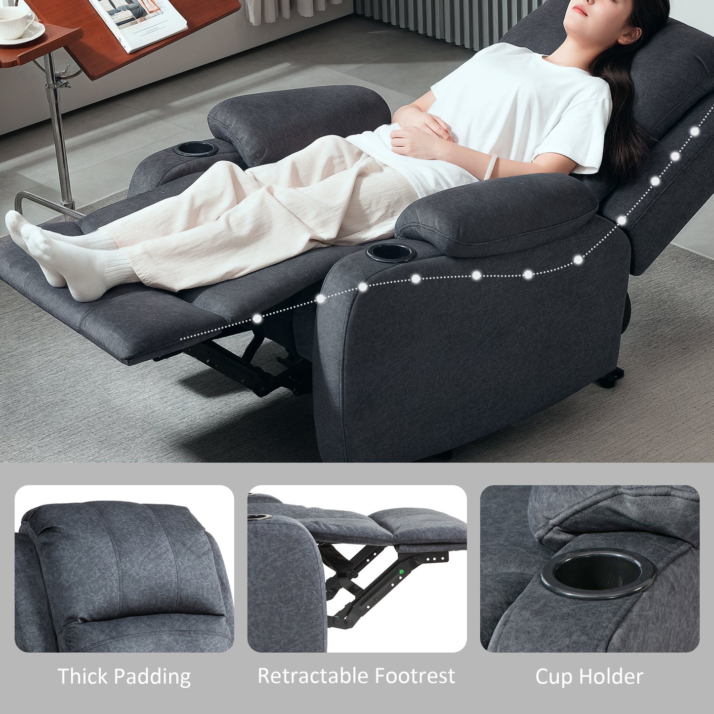 HOMCOM Microfibre Manual Reclining Armchair With Footrest And Cup Holders Black For Living Room