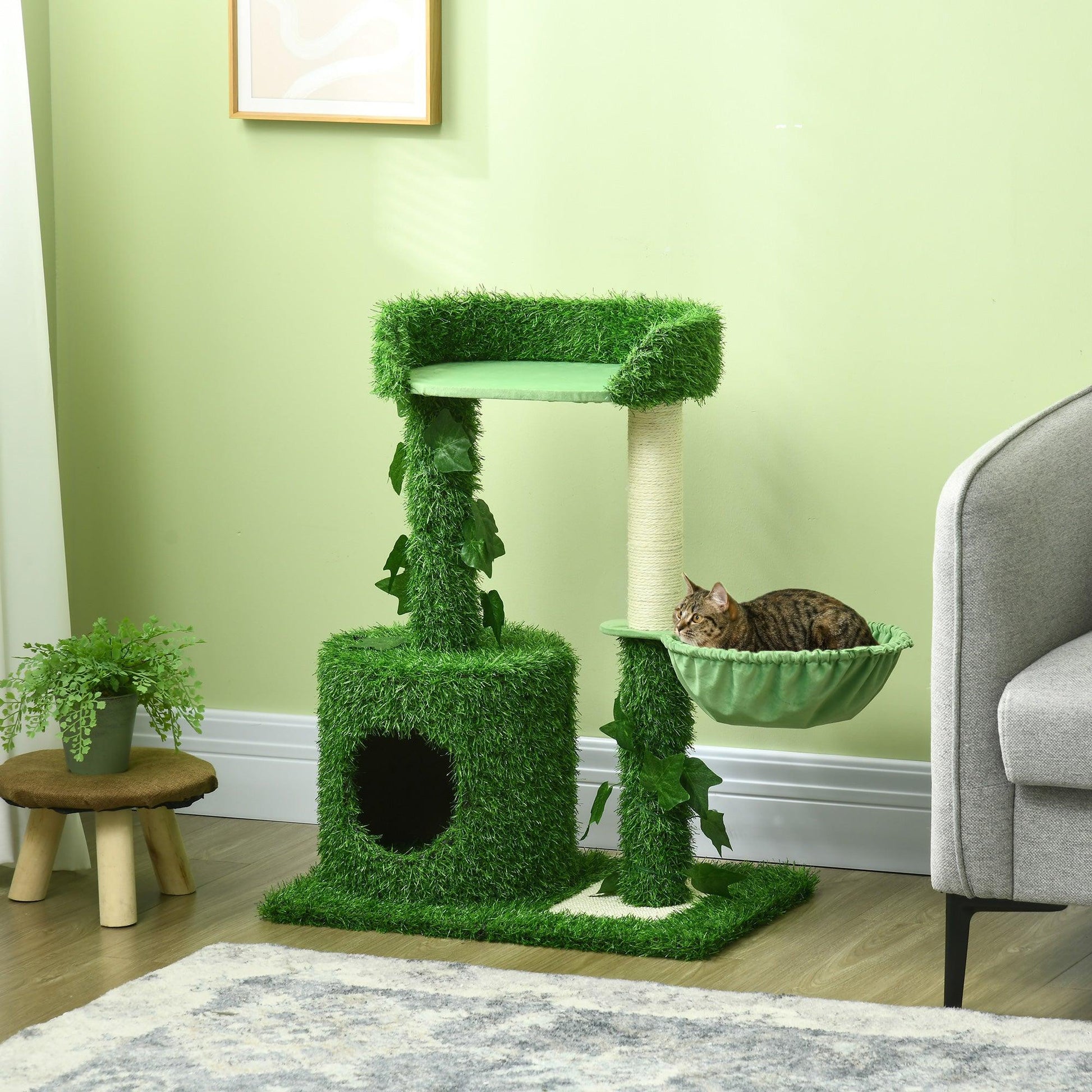 PawHut Cat Tree with Green Leaves, Scratching Posts, Perch Hammock - ALL4U RETAILER LTD