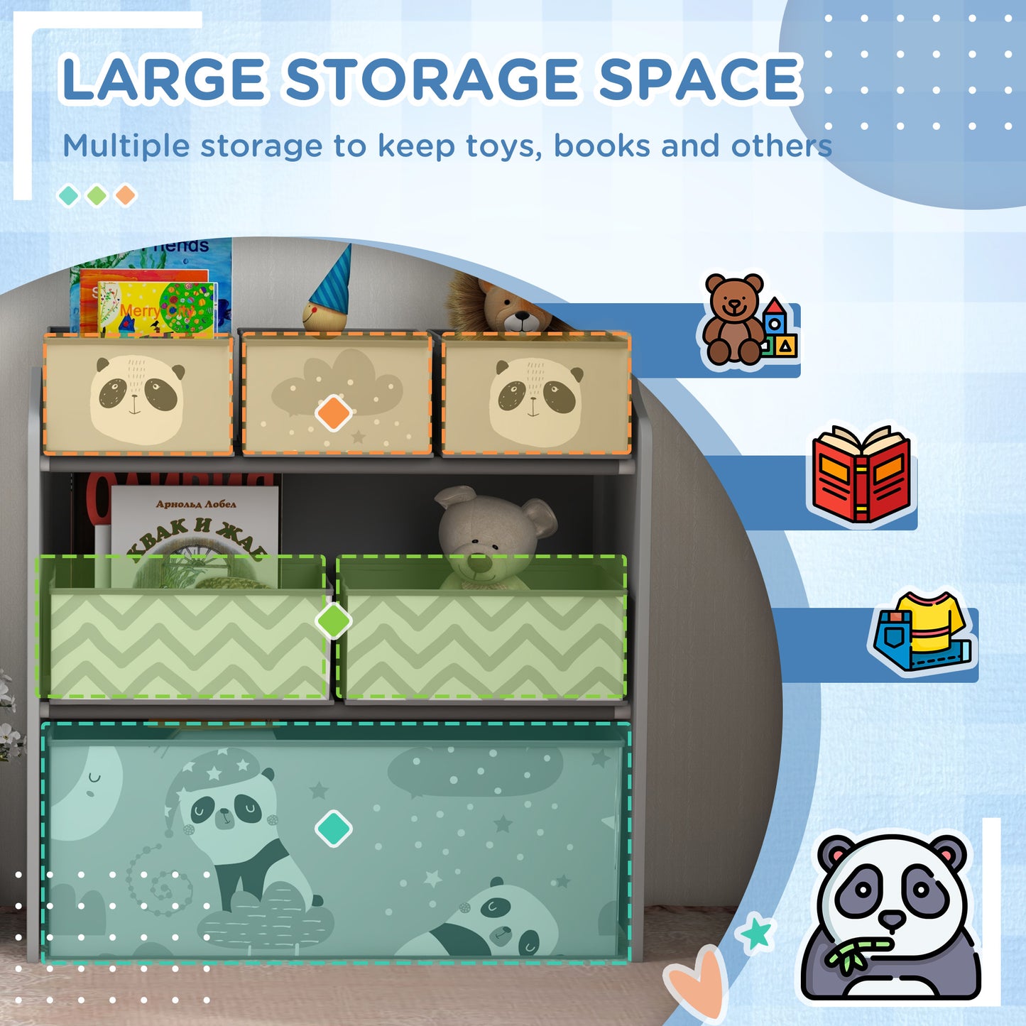 ZoneKiz Kids Storage Unit With Six Fabric Bins For Bedrooms Playrooms And Nurseries Grey