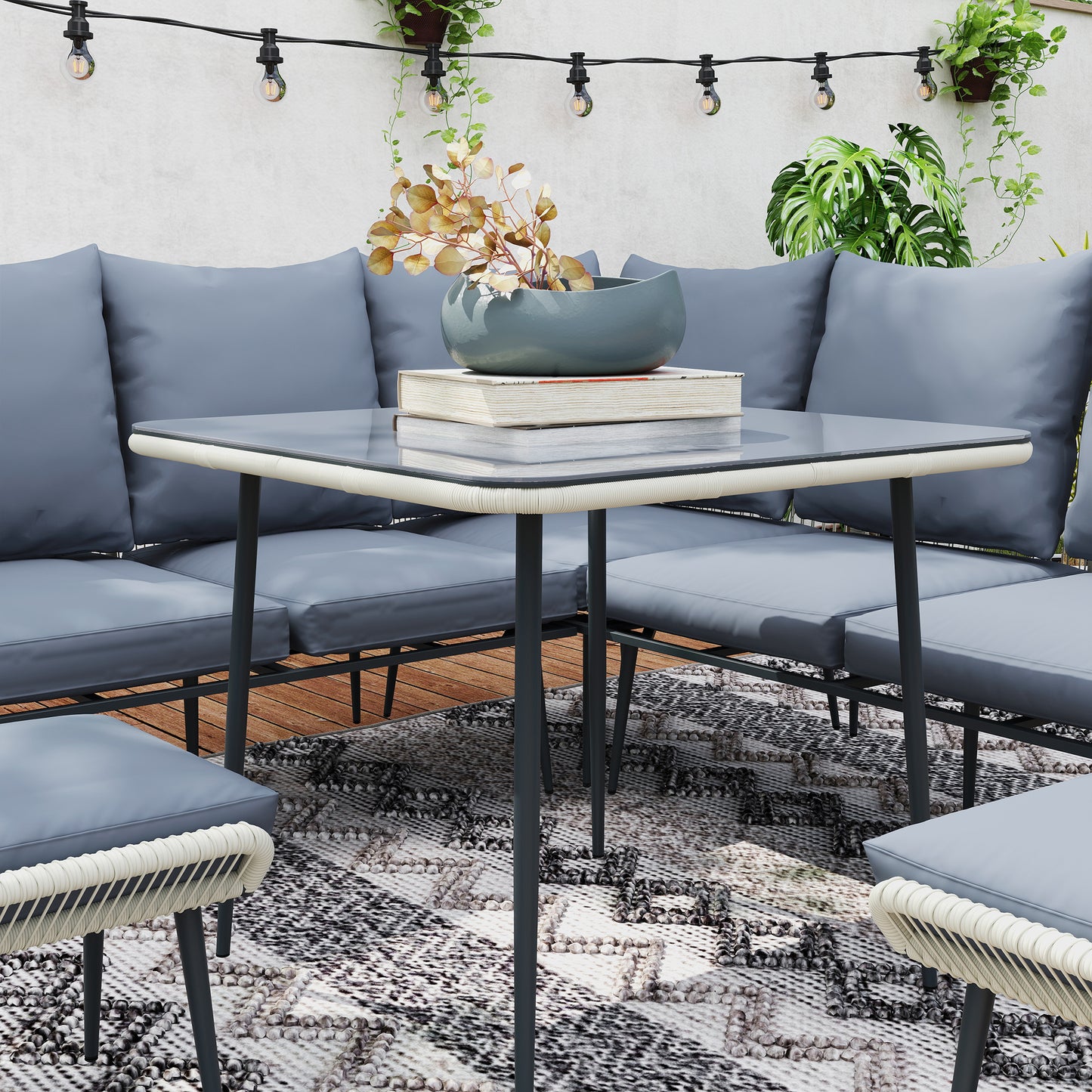 Outsunny Six Piece Rattan Garden Sofa Set Grey With Square Table And Footstools