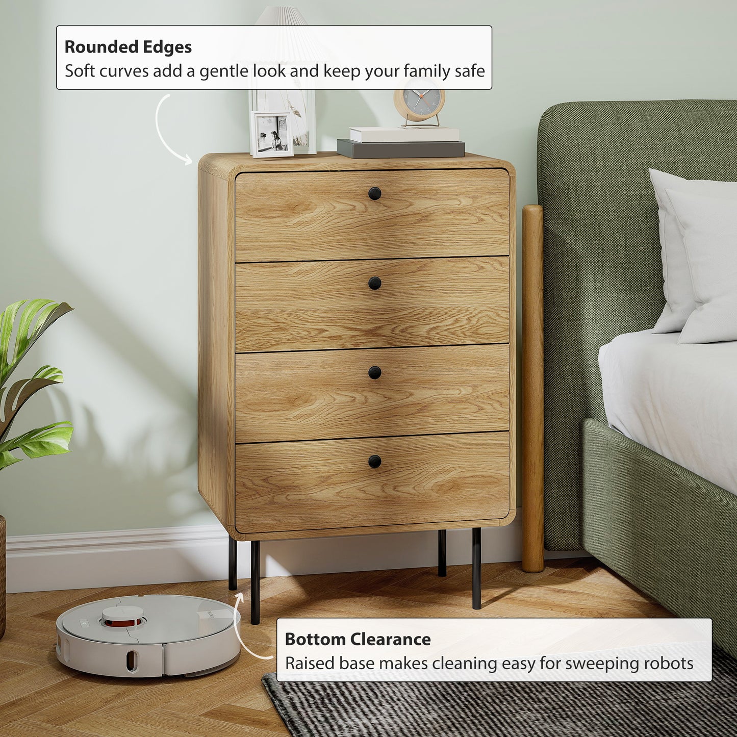 HOMCOM Modern Chest Of Drawers With Four Drawers Oak Finish Rounded Edges And Smooth Handles