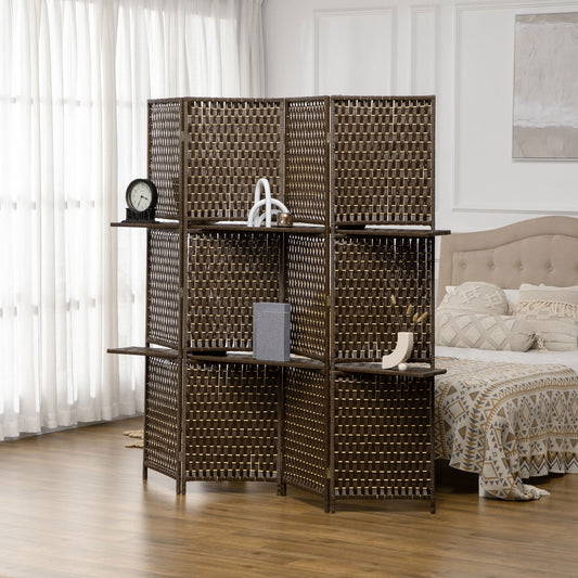 HOMCOM 4-Panel Freestanding Room Divider with Shelves - Brown Wicker Effect Privacy Screen - ALL4U RETAILER LTD