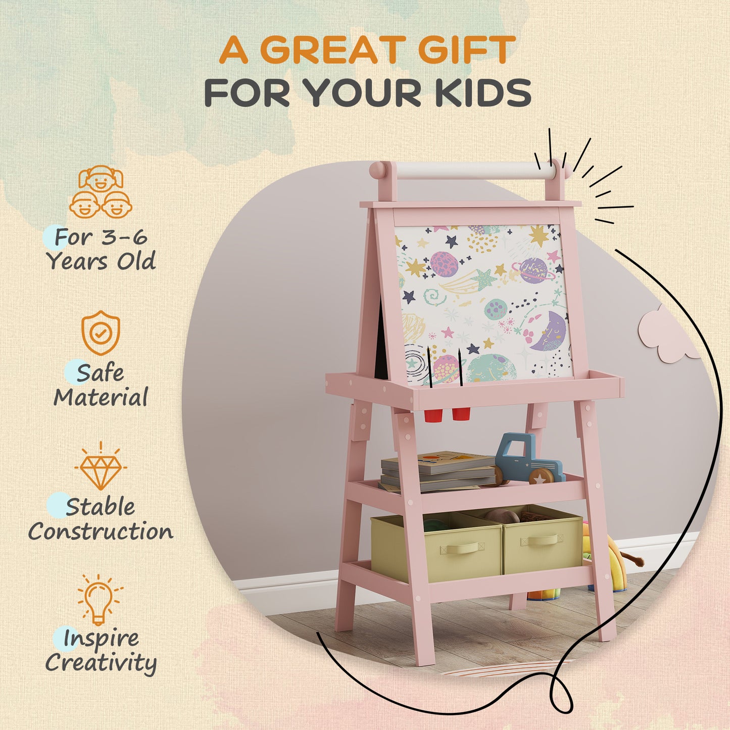 AIYAPLAY 3 In 1 Kids Easel Double Sided Magnetic Whiteboard And Chalkboard With Paper Roll And Storage Baskets Pink