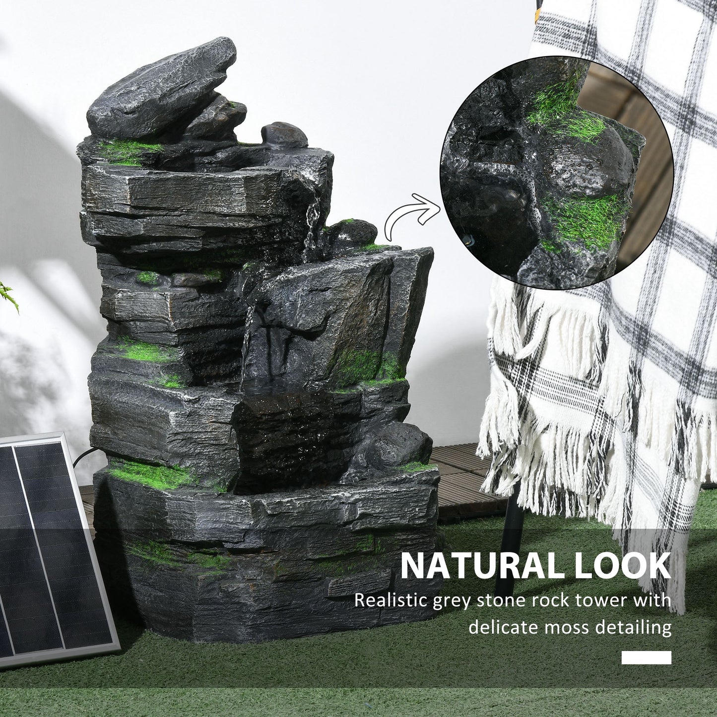 Outsunny Garden Water Feature With LED Lights Solar Powered Four Tier Waterfall Dark Grey Stone Moss Accent
