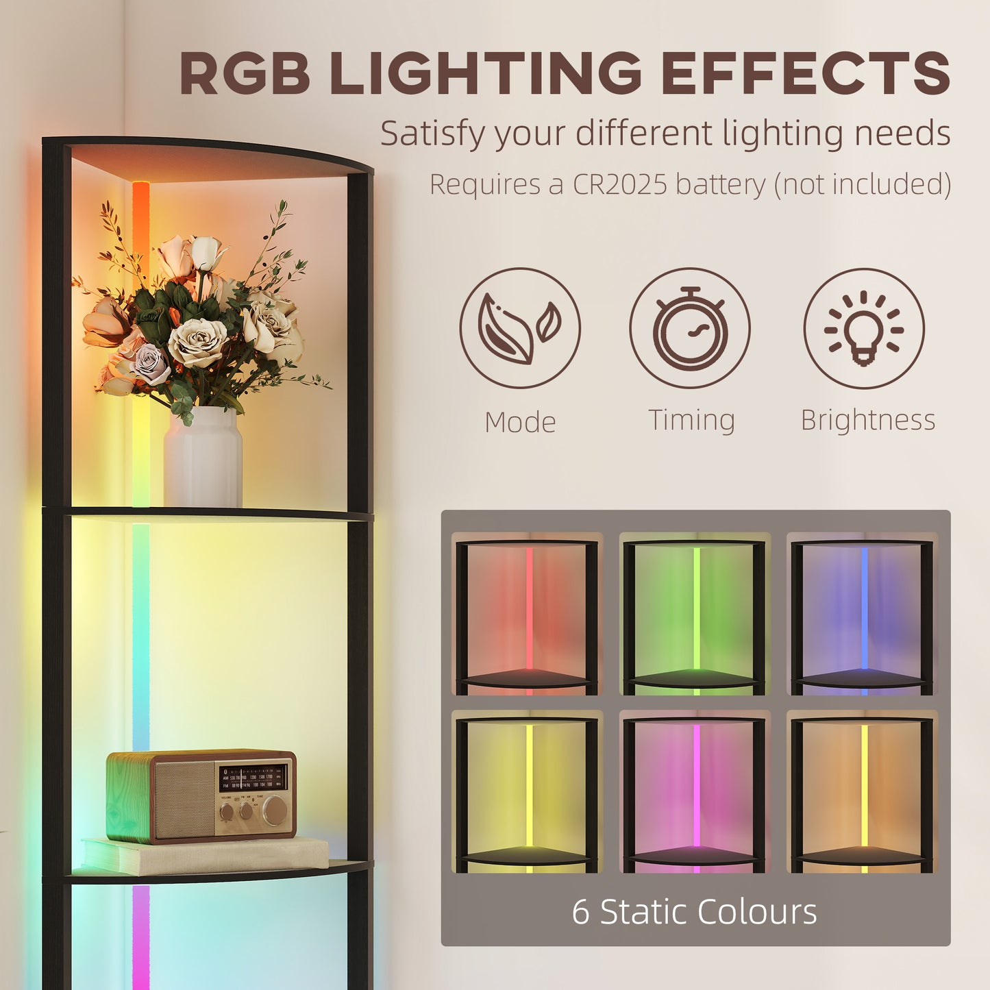 HOMCOM RGB LED Floor Lamp With Shelves 4 Tier Dimmable Standing Lamp With Remote Control Black