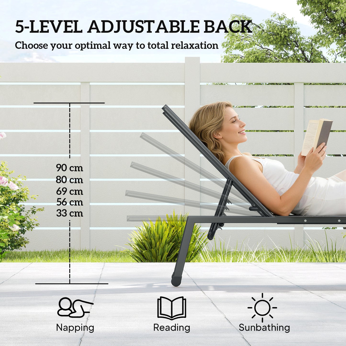 Outsunny Sun Loungers Set Of 2 With Side Tray Table Garden Recliners With 5 Position Adjustable Backrest 2 Wheels Grey