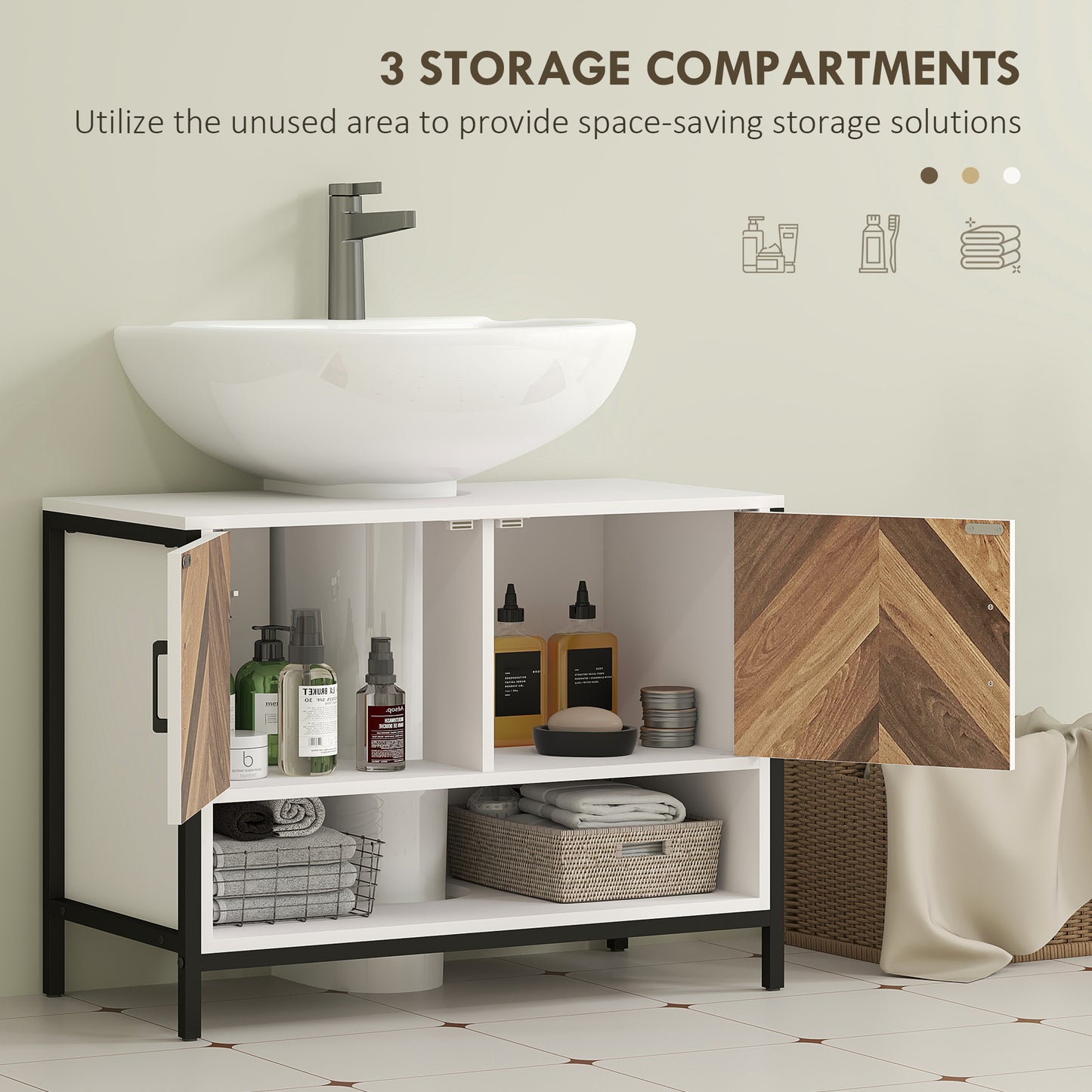HOMCOM Rustic Under Sink Cabinet With Herringbone Doors Open Compartment For Basin Cream White 80x40x60cm