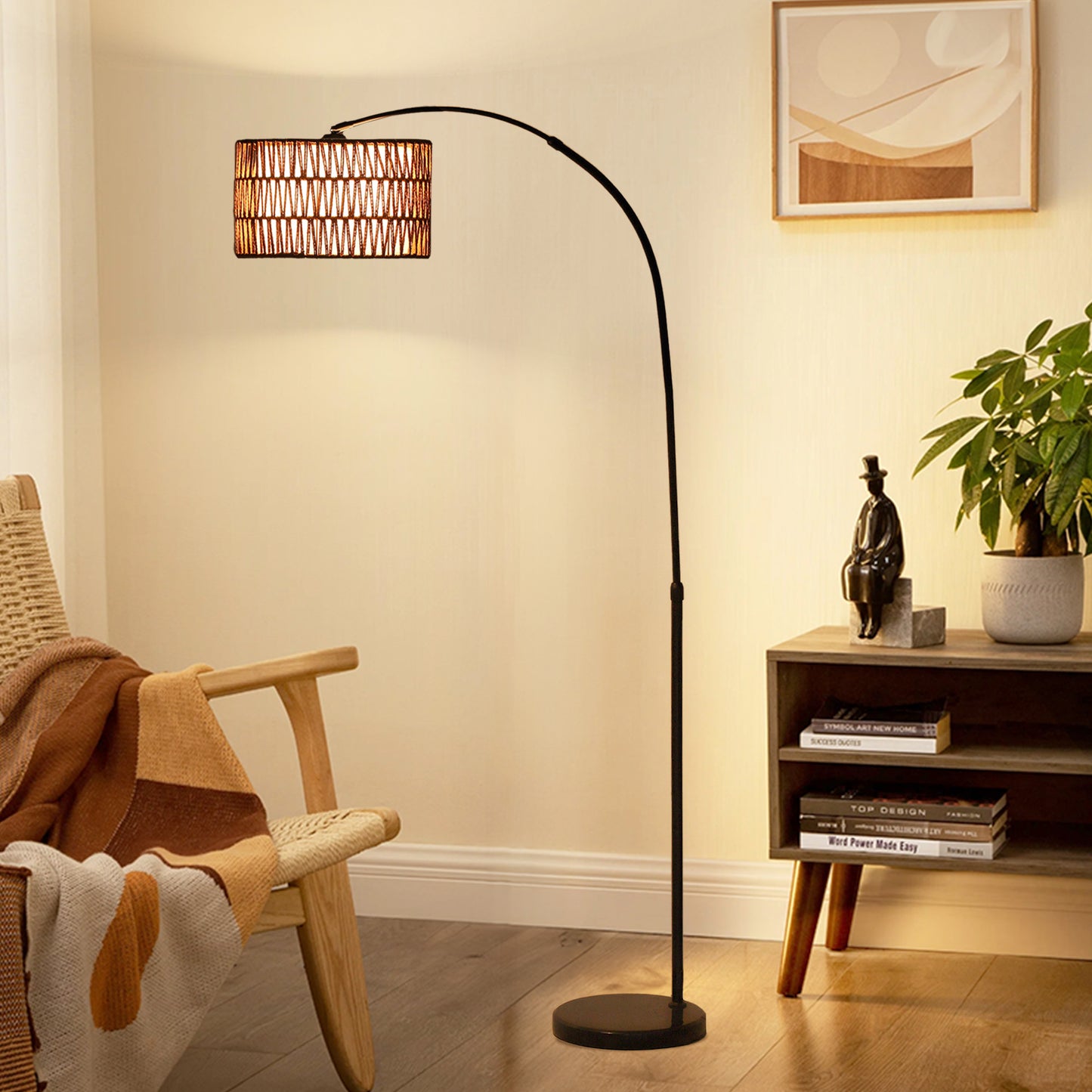 HOMCOM Rattan Floor Lamp Arc Farmhouse Standing Lamp With Dual Layer Shade Foot Switch Height Adjustable Black