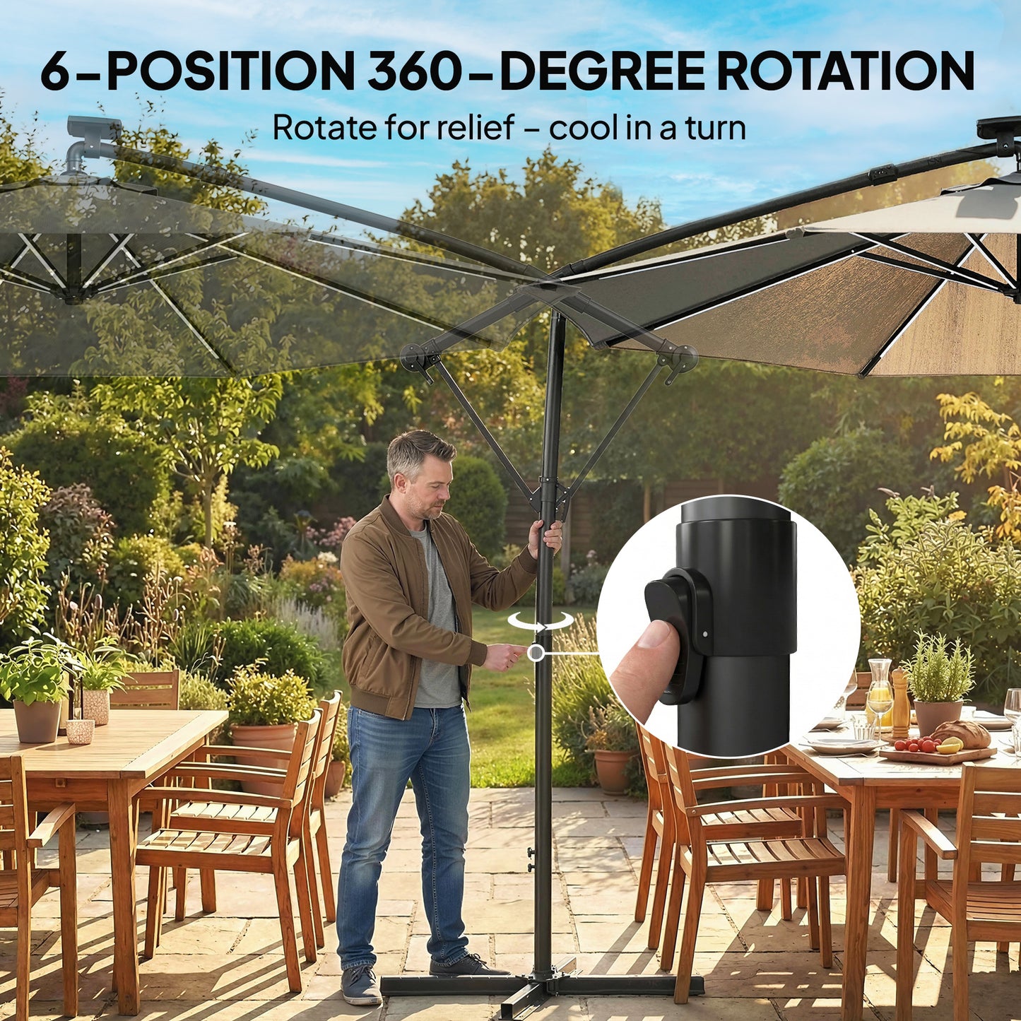Outsunny 3 Meter Garden Cantilever Parasol With LED Solar Light Round Overhanging Umbrella 360 Degree Rotation Grey