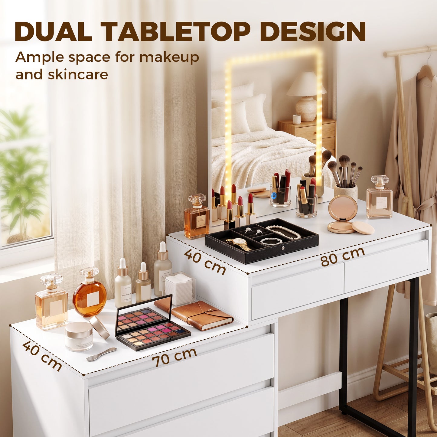 HOMCOM White Vanity Makeup Desk With Three Colour LED Mirror And Five Drawers