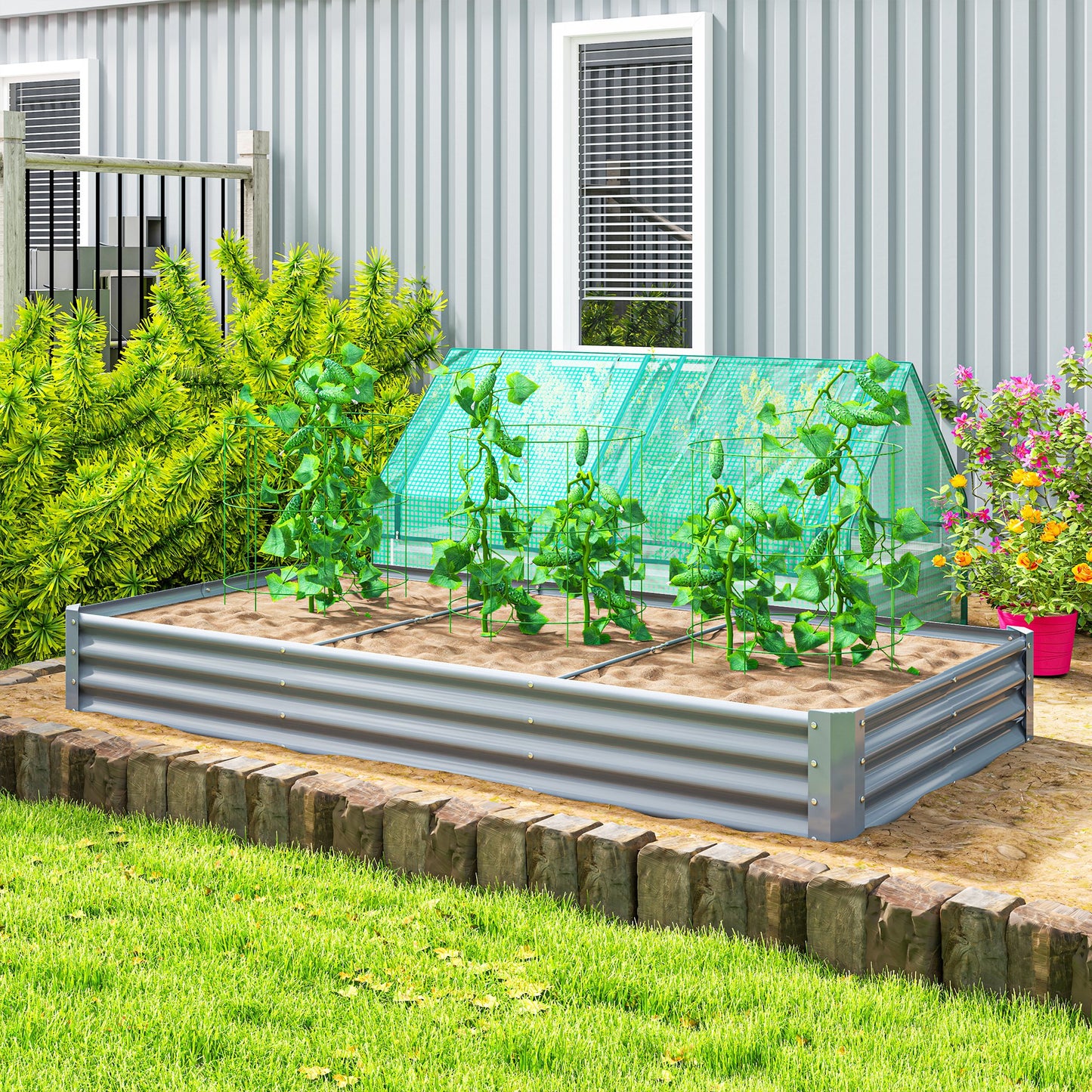 Outsunny 240 x 120 cm Galvanised Steel Open Planter Silver Outdoor Garden Bed Weather Resistant