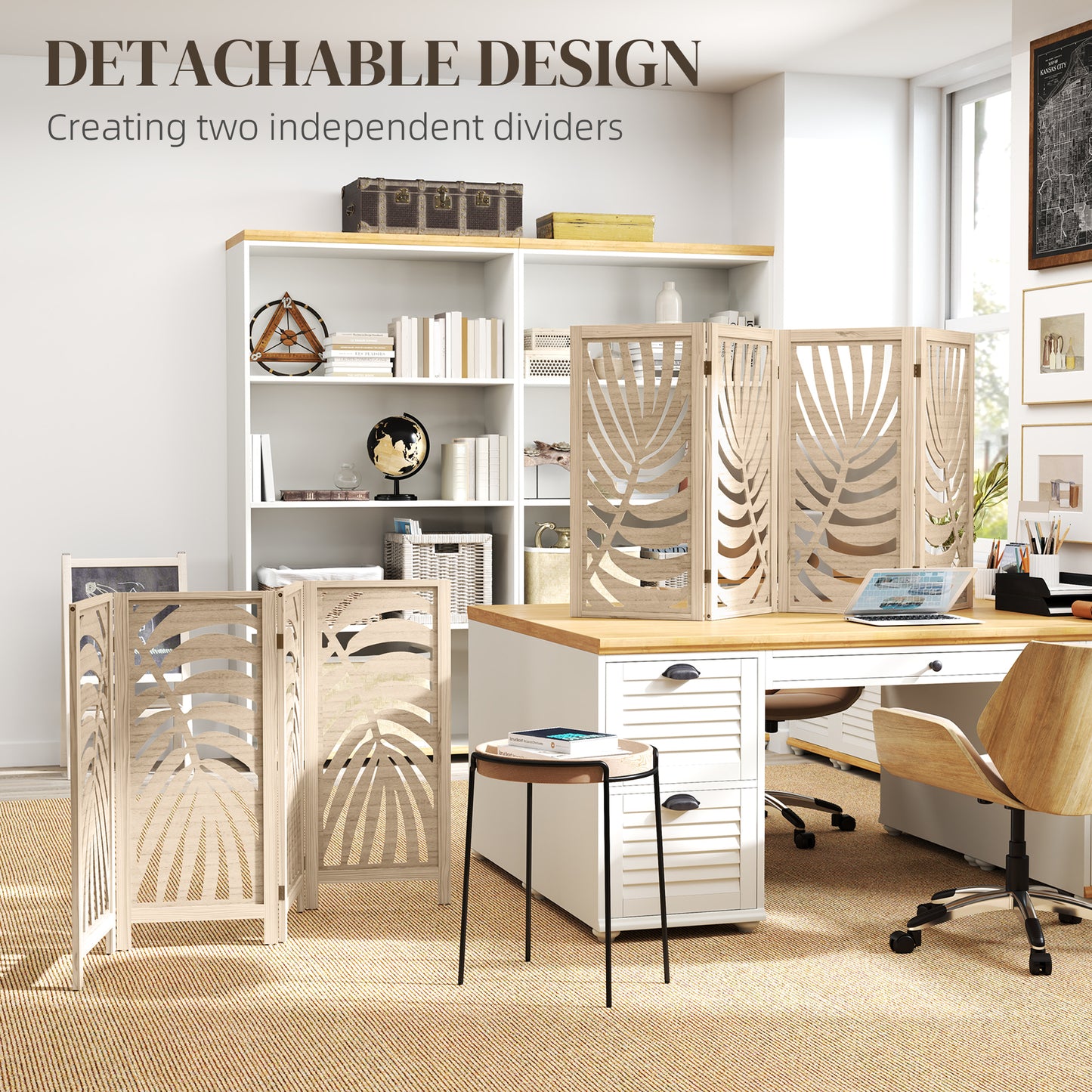 HOMCOM 4 Panel Privacy Screen Folding Room Divider Detachable Palm Leaf Design Natural Wood Finish For Home Office