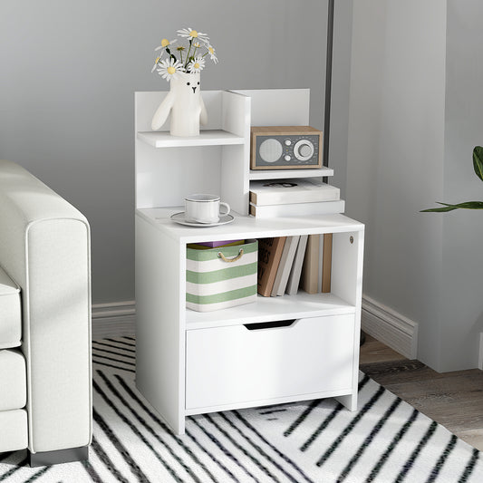 White bedside table with drawer and open shelves, striped basket inside