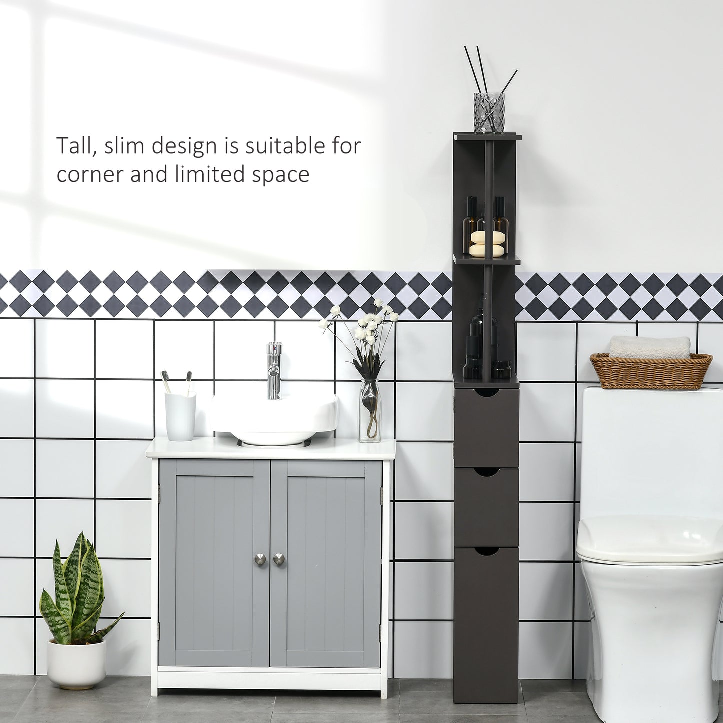 HOMCOM Tall Bathroom Cabinet, Freestanding Slim Bathroom Storage Cabinet with 2-Tier Open Shelf and 2 Drawers for Small Sapce, Narrow Cupboard Storage Unit, Brown