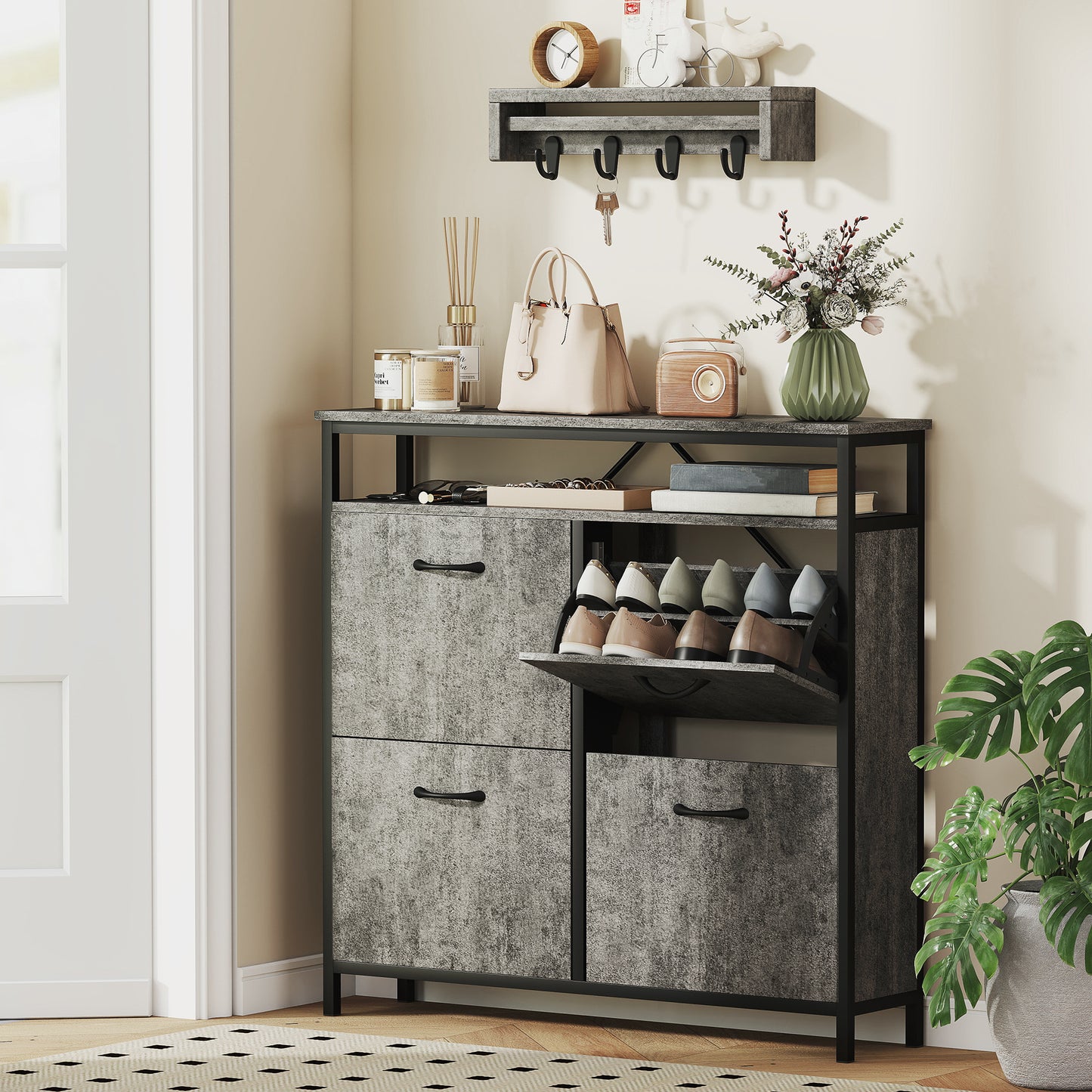 HOMCOM Cement Grey Shoe Storage Cabinet With Four Flip Drawers And Open Shelf For Industrial Entryway Organization