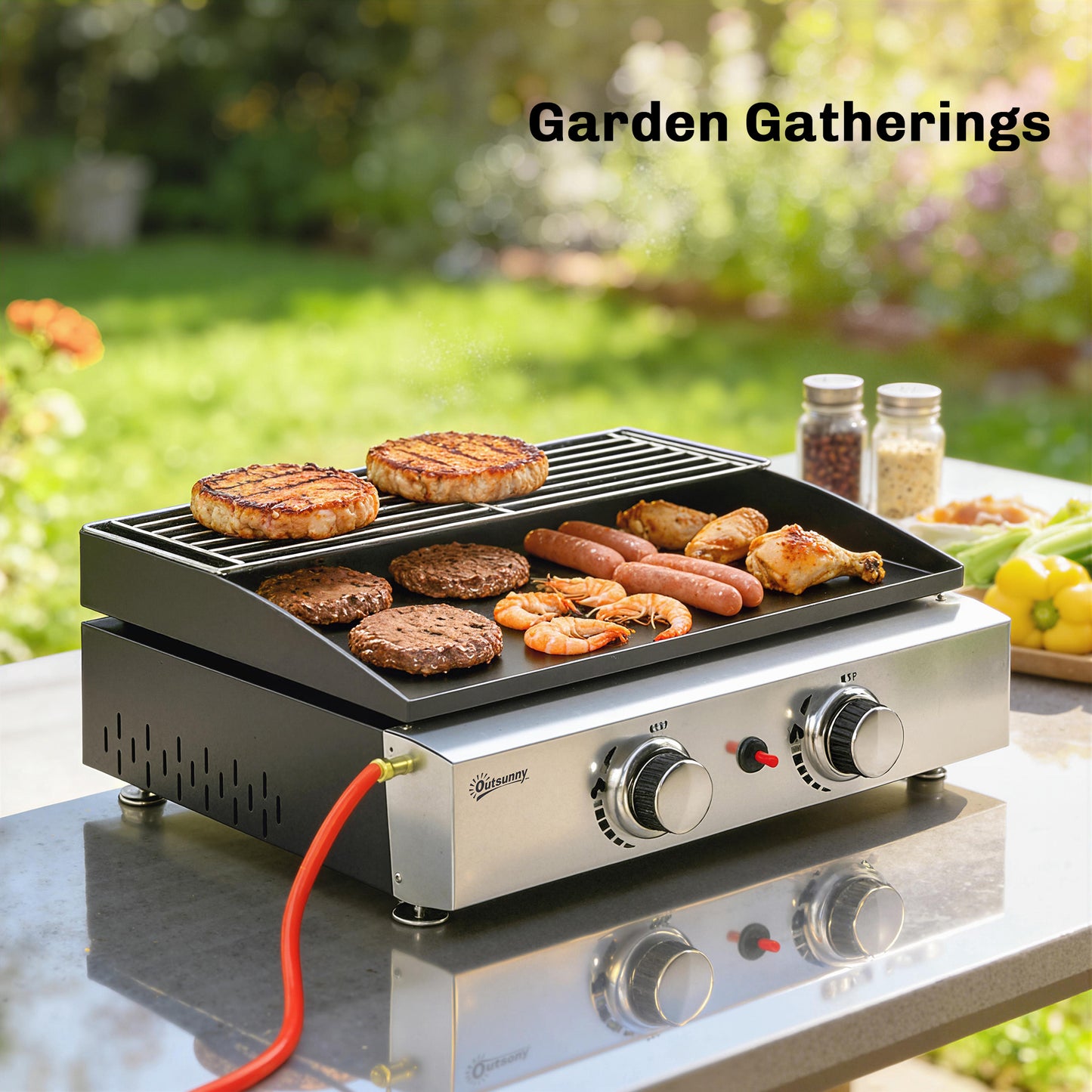 Outsunny Two Burner Grill Griddle Portable Gas Plancha With Warming Rack 5 Kilowatt Tabletop Gas BBQ Grease Cup Black