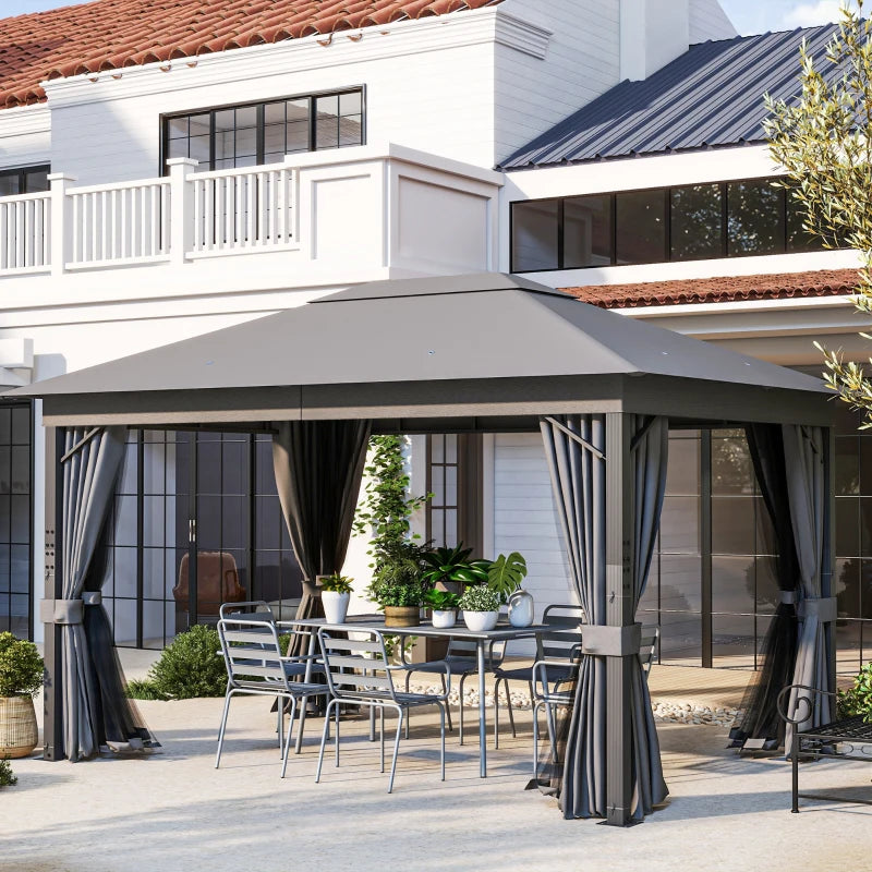 Outsunny 4x3m Patio Gazebo Canopy with Vented Roof, Netting, Curtains, Aluminum Frame - Grey - ALL4U RETAILER LTD