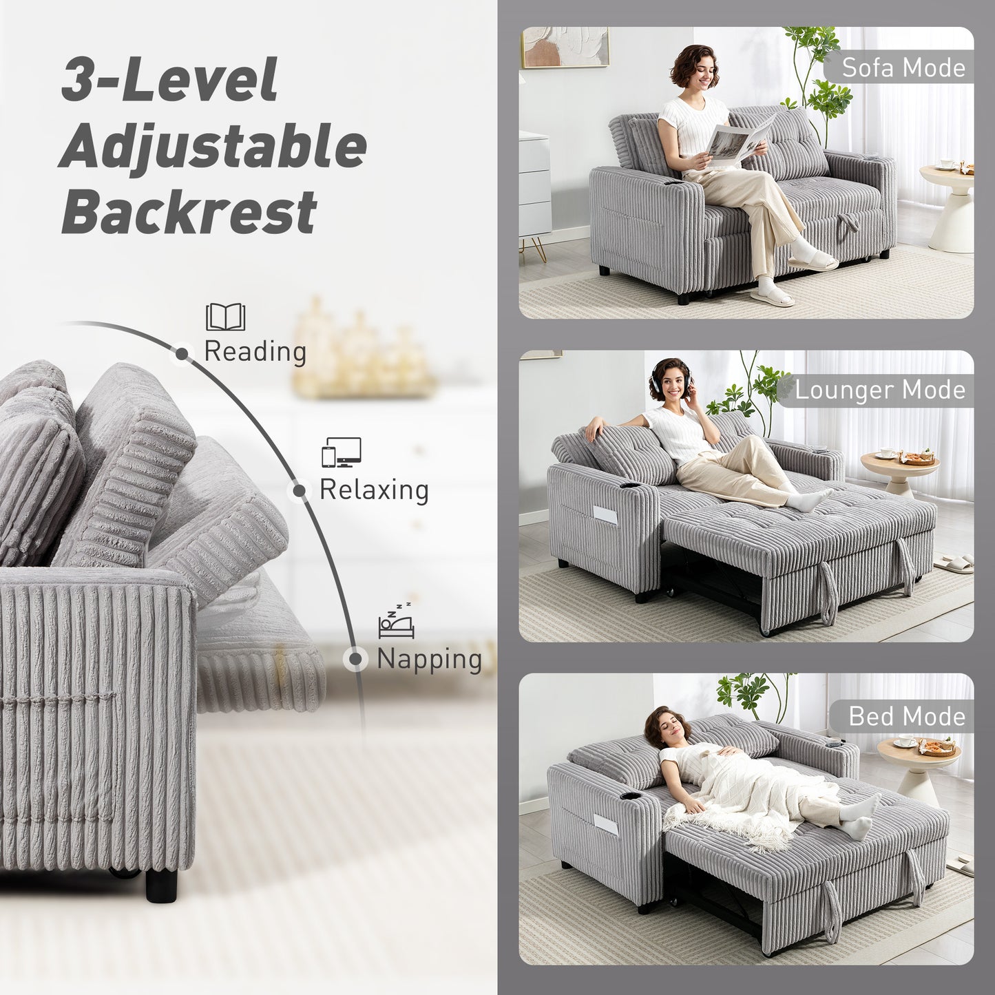 HOMCOM 2 Seater Click Clack Sofa Bed With Pull Out Design Corduroy Upholstery Light Grey