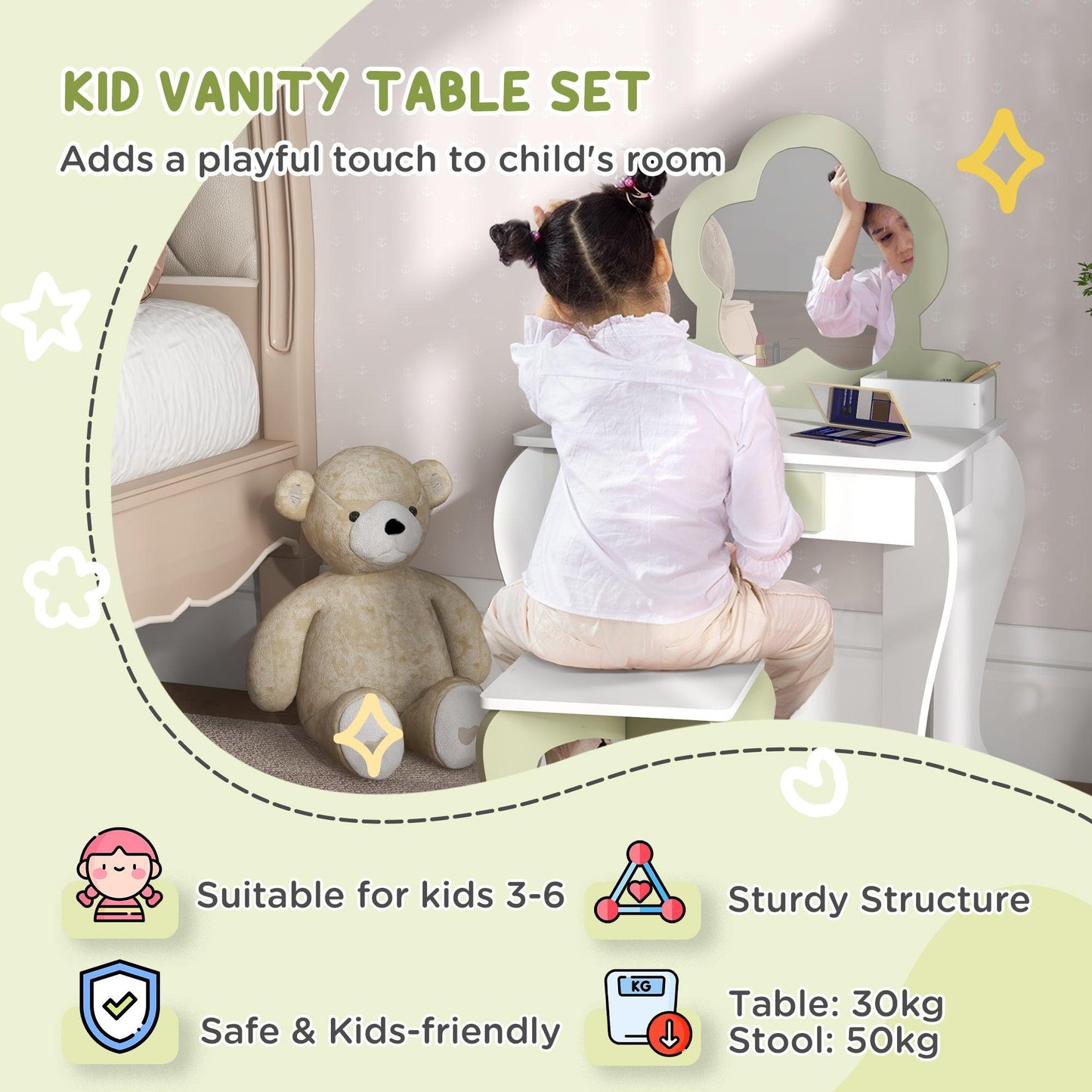 ZONEKIZ Kids Vanity Table with Mirror and Stool, Drawer, Storage Boxes, Beauty Flower Design, for 3-6 Years Old, White - ALL4U RETAILER LTD