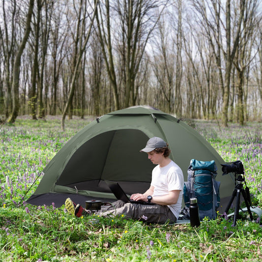 Outsunny 2 Person Camping Tent, Camouflage Tent with Zipped Doors, Storage Pocket, Portable Handy Bag, Dark Green - ALL4U RETAILER LTD
