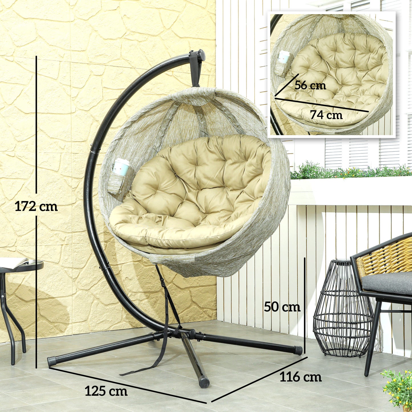 Outsunny Hanging Egg Chair Garden Swing With Folding Basket Thick 13cm Cushion Cup Holder Patio Khaki