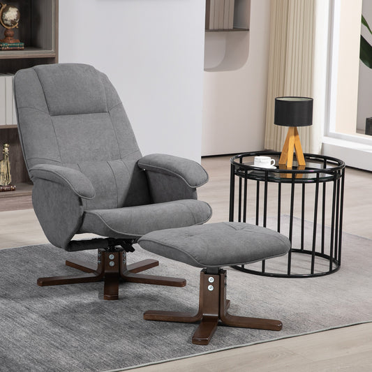 Grey linen swivel recliner chair with padded armrests and matching upholstered footstool