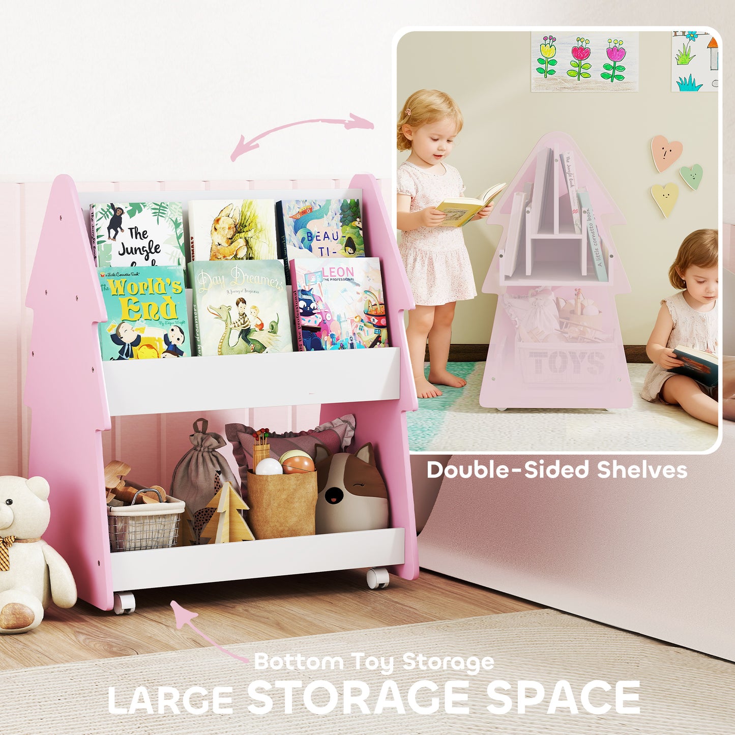 AIYAPLAY Double Sided Kids Bookcase With Toy Storage On Wheels 3 Tier Pink Bedroom Organizer