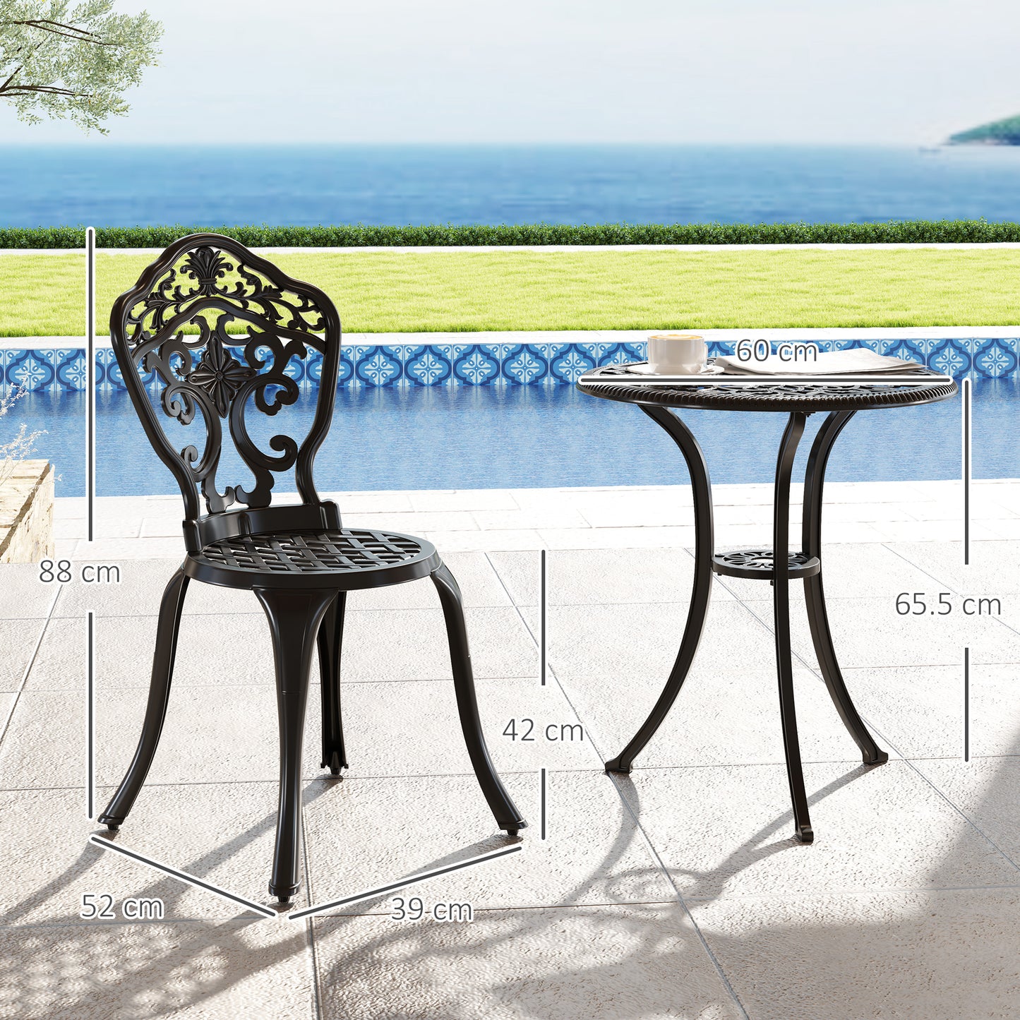 Outsunny Three Piece Aluminium Floral Bistro Set Black Outdoor Patio Furniture With Two Chairs And Table
