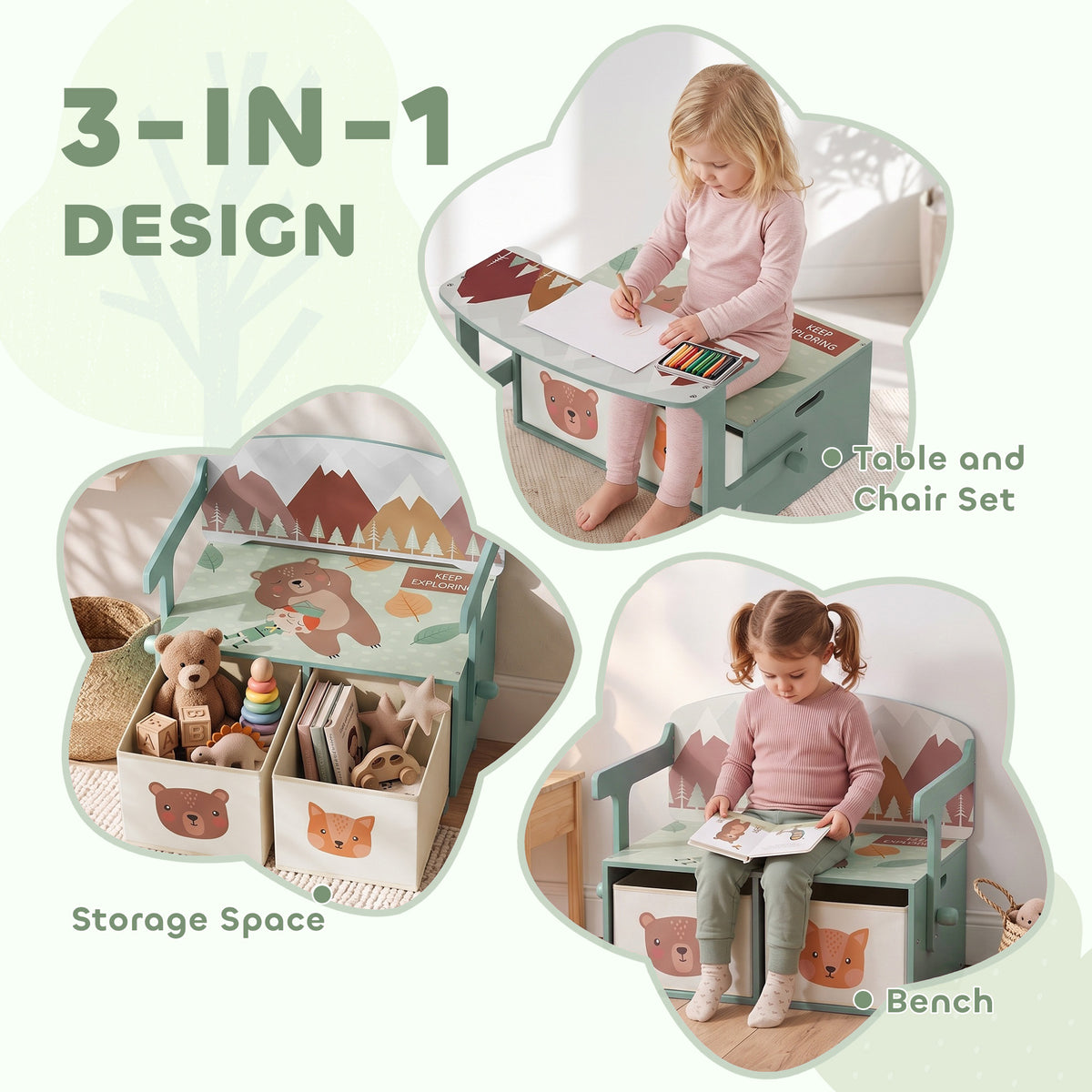 Kids table and chair set with green drawers and toy box, woodland animal theme