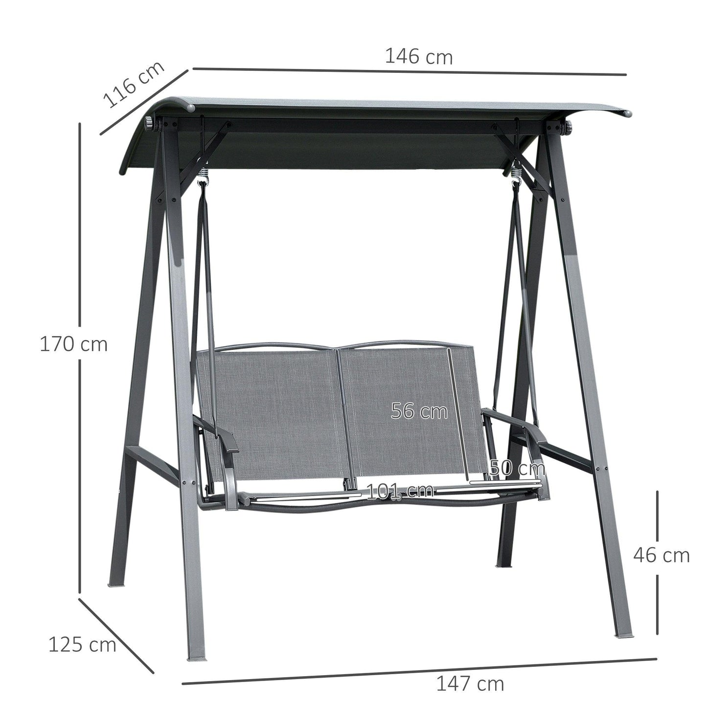 Outsunny 2 Seater Garden Swing Chair Swing Bench w/ Adjustable Canopy, Grey - ALL4U RETAILER LTD