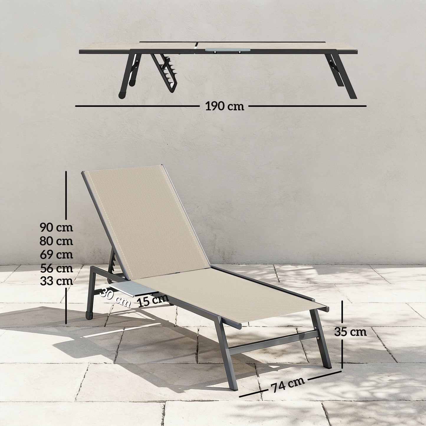 Outsunny Garden Sun Loungers Set Of Two With Side Tray Table And Five Position Adjustable Backrest With Wheels In Khaki
