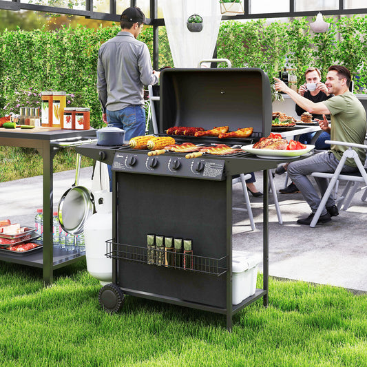 Outsunny Portable Gas BBQ Grill With Built In Thermometer Lid Side Table Shelf Spice Rack Wheels Grease Cup Black