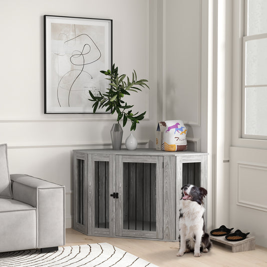 PawHut Stylish 2-in-1 Dog Crate and Side Table with Cushion - Grey, 122 x 61 x 71cm - ALL4U RETAILER LTD