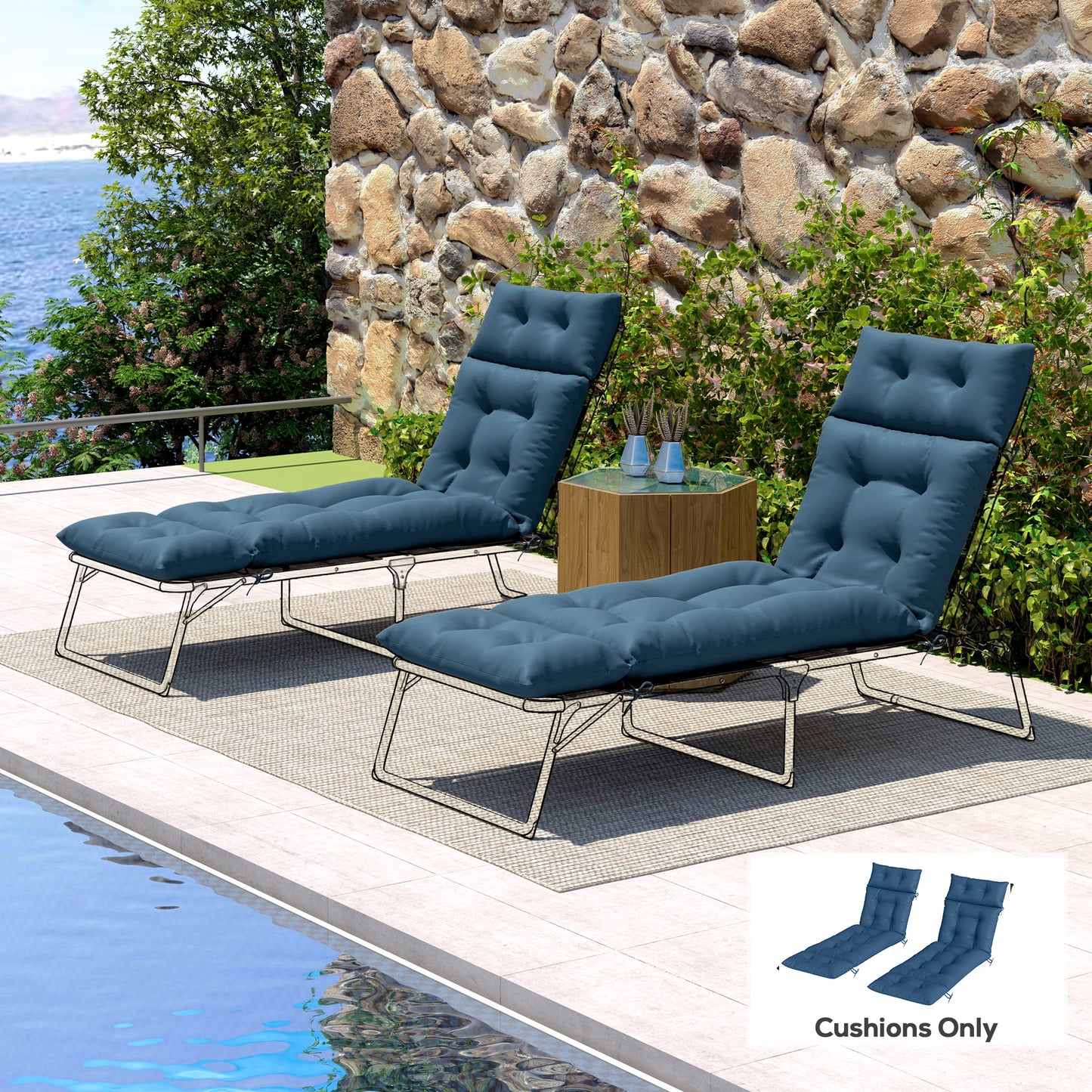 Outsunny Set of Two 190 by 56 cm Sun Lounger Cushions Navy Blue for Outdoor Recliner
