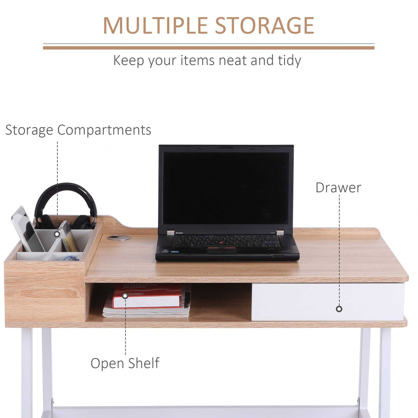 HOMCOM Contemporary Oak and White Computer Desk with Drawer and Storage Compartment - ALL4U RETAILER LTD