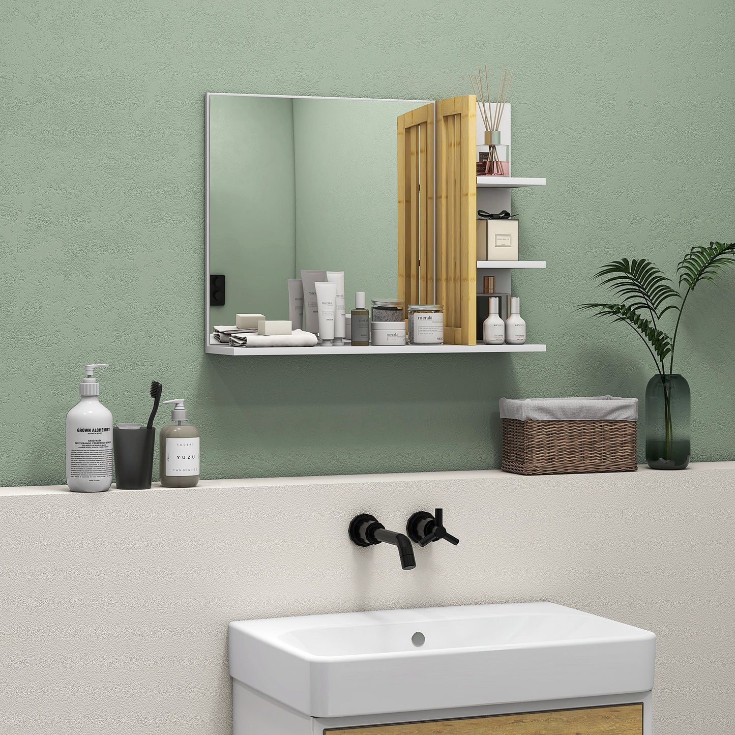 Homcom Bamboo Panel Bathroom Mirror With Shelves White Large Wall Mounted Storage Cabinet