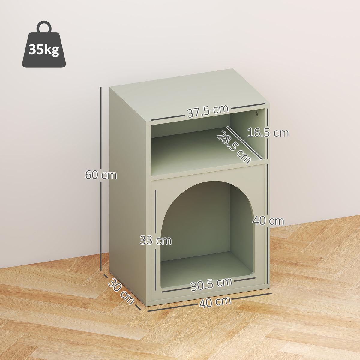 Green bedside table dimensions: 60x50x50 cm, open shelf and arched front compartment.