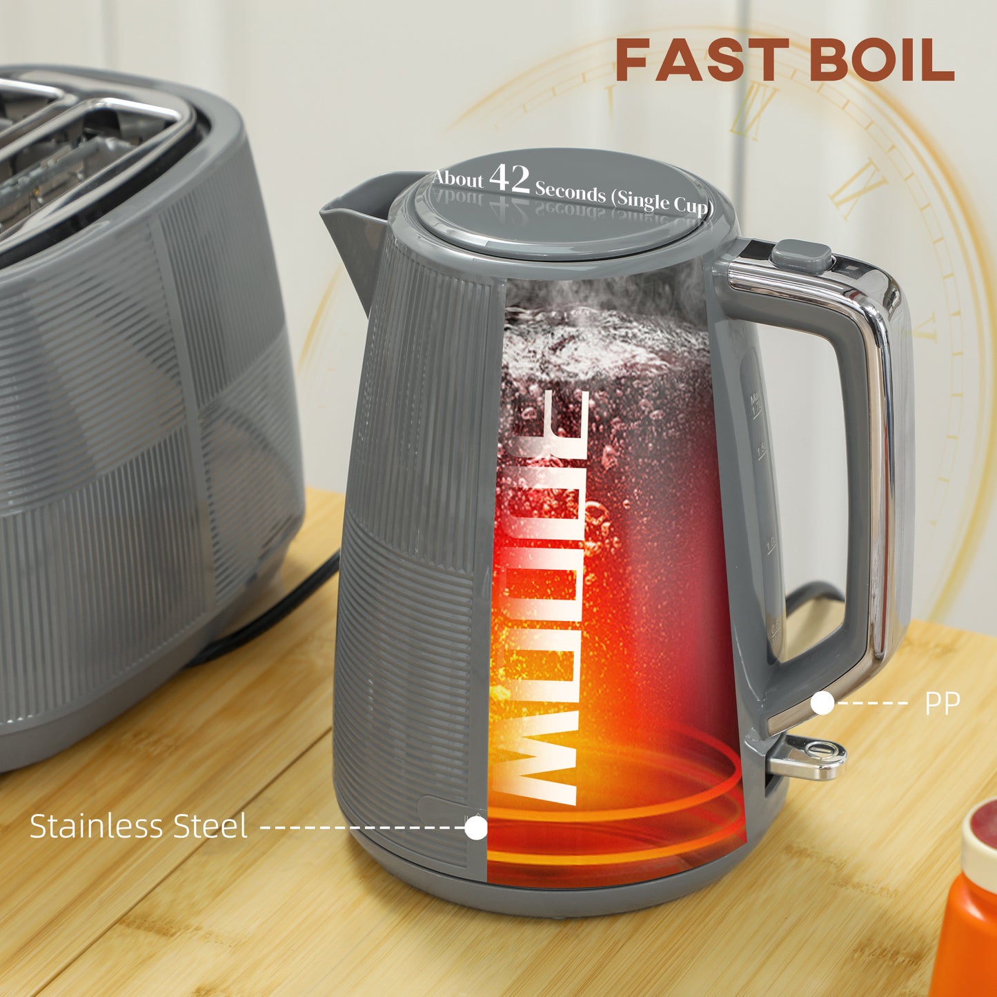 HOMCOM Grey Kettle And Toaster Set 1.7L 3000W Fast Boil Kettle 2 Slice Toaster With 7 Level Browning Boil Dry Protection