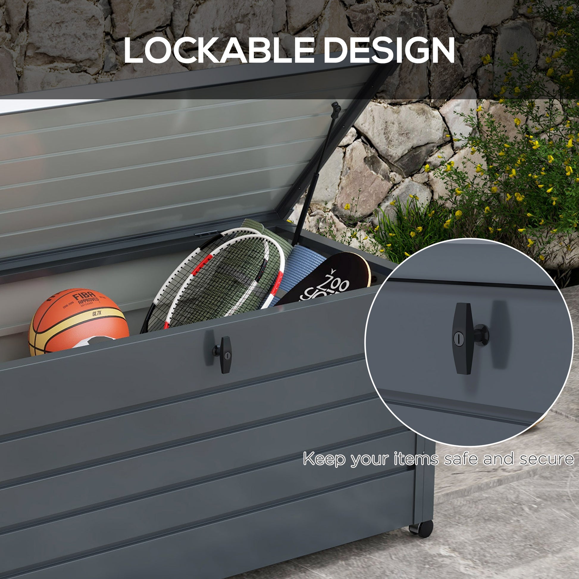 Outsunny Galvanised Steel Outdoor Storage Box with Wheels and Lock, 311L Garden Organizer in Dark Grey - ALL4U RETAILER LTD