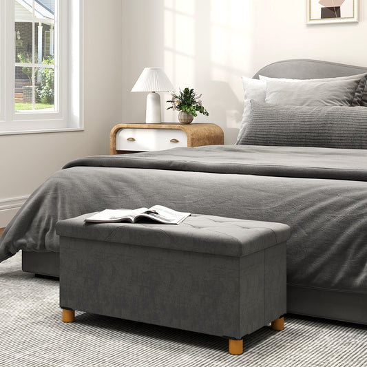 Velvet Upholstered Foldable Storage Ottoman Footrest With Wooden Legs For Living Room Grey
