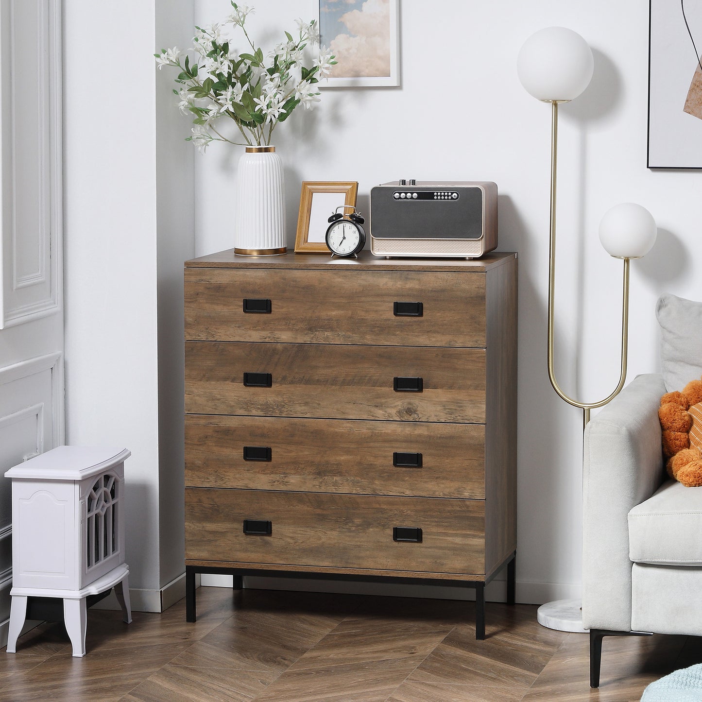 HOMCOM Rustic Wood Effect Chest Of Drawers And Nightstand Set With Four Drawers And Two Drawers Black Metal Frame